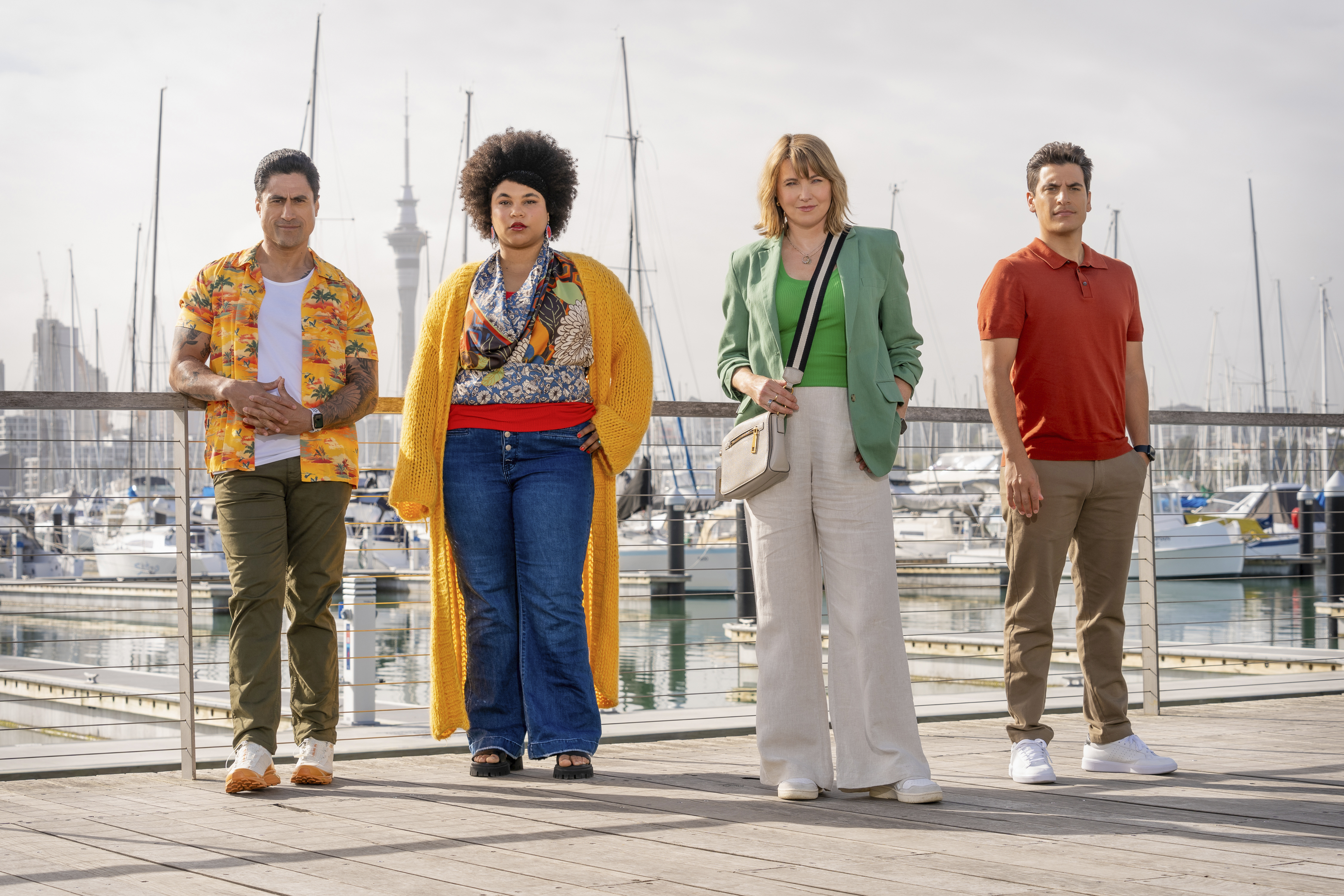 Lucy Lawless with her My Life Is Murder co-stars. Photo / Matt Klitscher