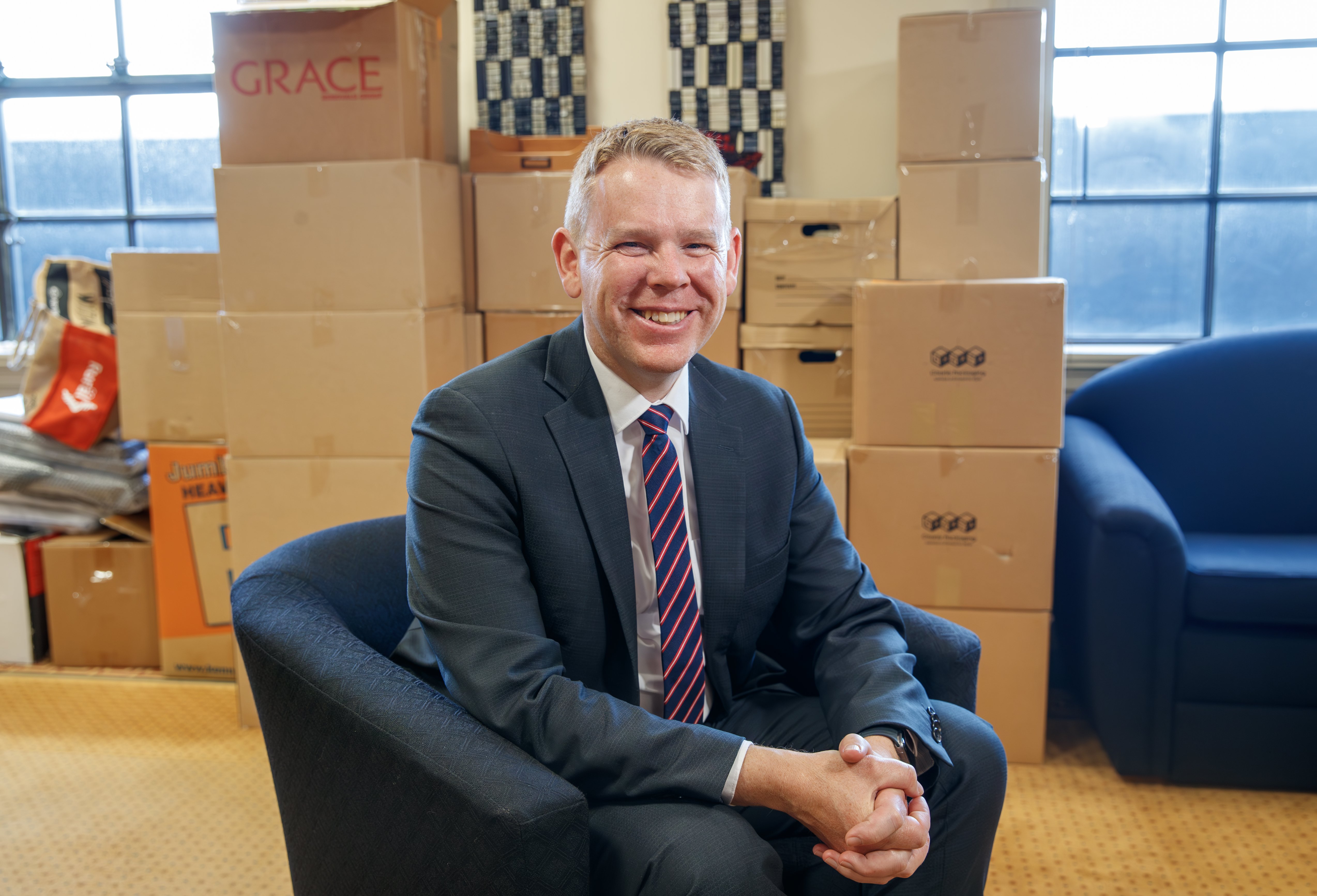 Labour leader Chris Hipkins and unpacked boxes in his new office on third floor of Parliament House. Photo / Mark Mitchell�