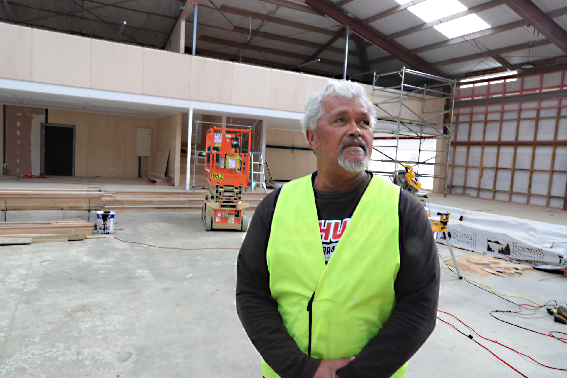 Te Warihi Heteraka surveys the construction progress on stage one of the Hihiaua Cultural Centre, which is set to open on June 22. Photo / John Stone