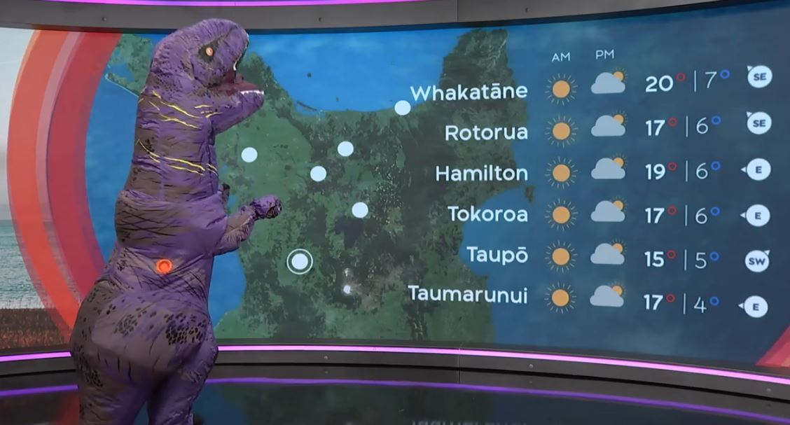Matty McLean drew the short straw and presented the weather in a dinosaur costume. Photo / TVNZ