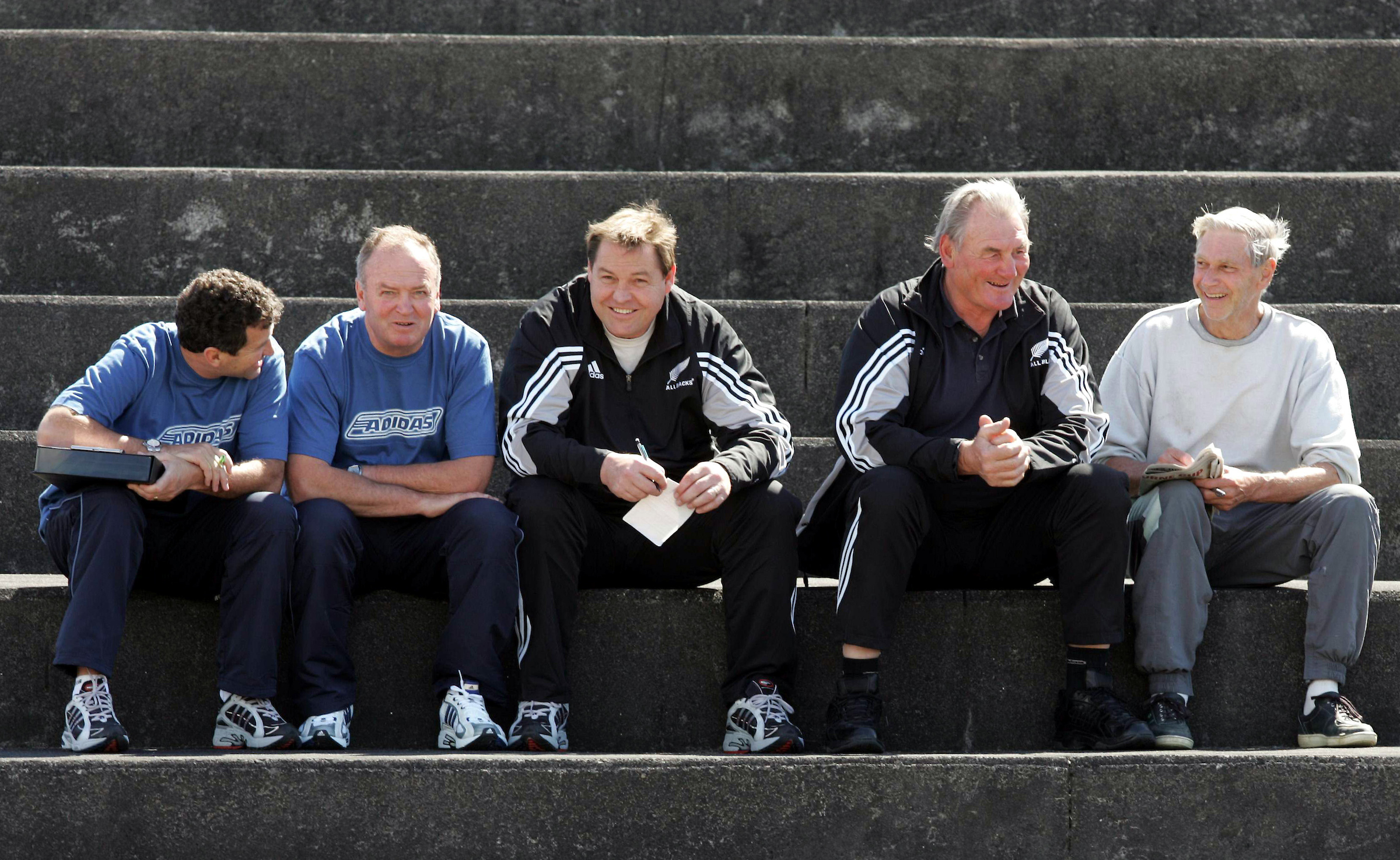 Sir Wayne Smith, Sir Graham Henry, Sir Steve Hansen and Sir Brian Lochore at All Blacks training in November 2004. Photo / Photosport