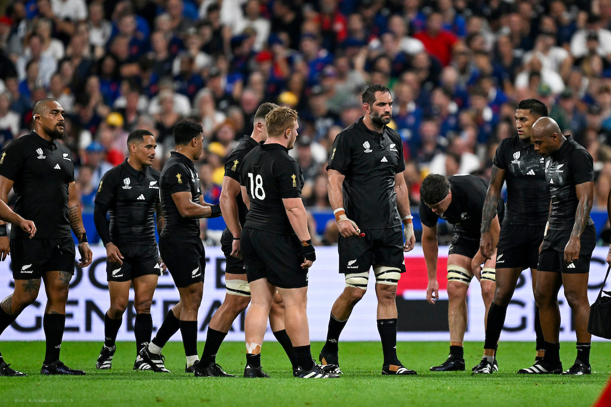 All Blacks are dejected after Will Jordan’s yellow card in France. Photosport