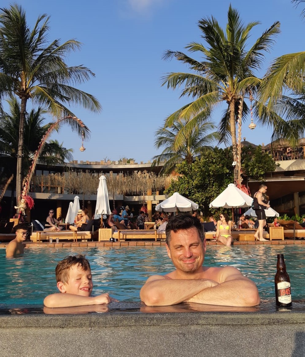 Baxter and Winston Aldworth in the infinity pool at Potato Head, in Seminyak, Bali. Photo / Louise Taylor