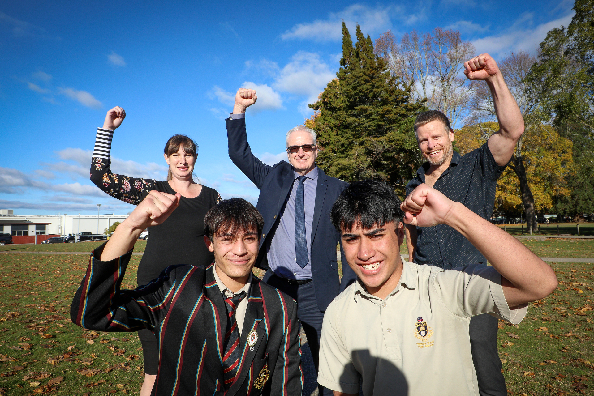Year 13 students Nikau Rickards and Aorere Waaka, head of Science Jayne Ferguson, principal Chris Grinter and assistant head of science Darren Florence celebrate their new science block. Photo / NZME 