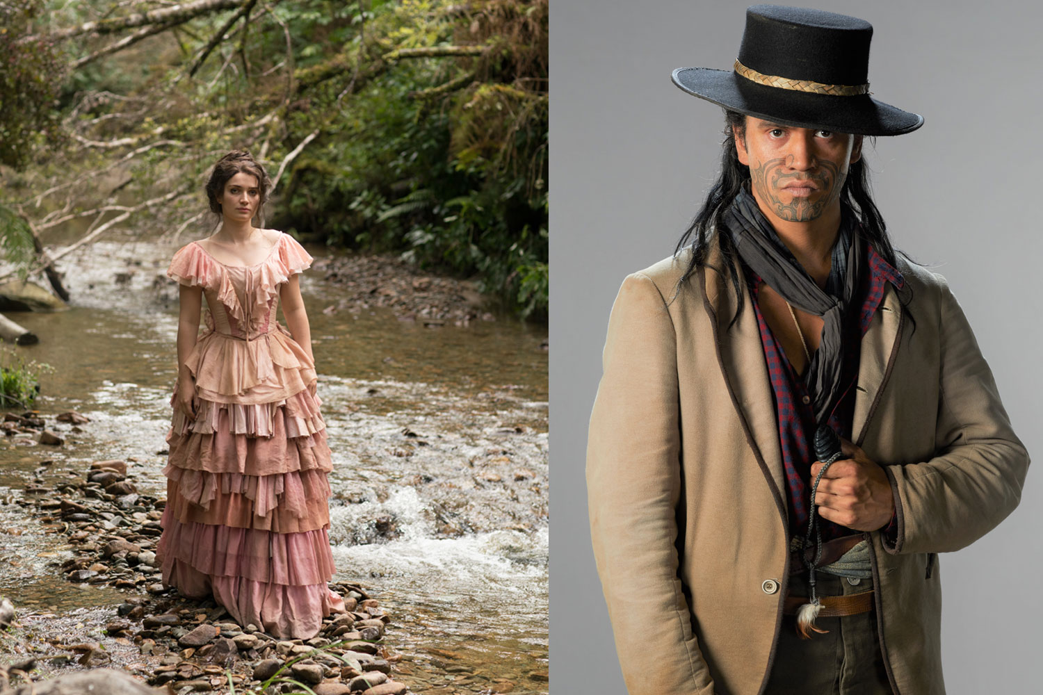 Left: Anna Wetherall, played by Irish actress Eve Hewson wearing the pink dress. Right: Richard Te Are plays the role of Te RauTauwhare. Photos / Supplied.