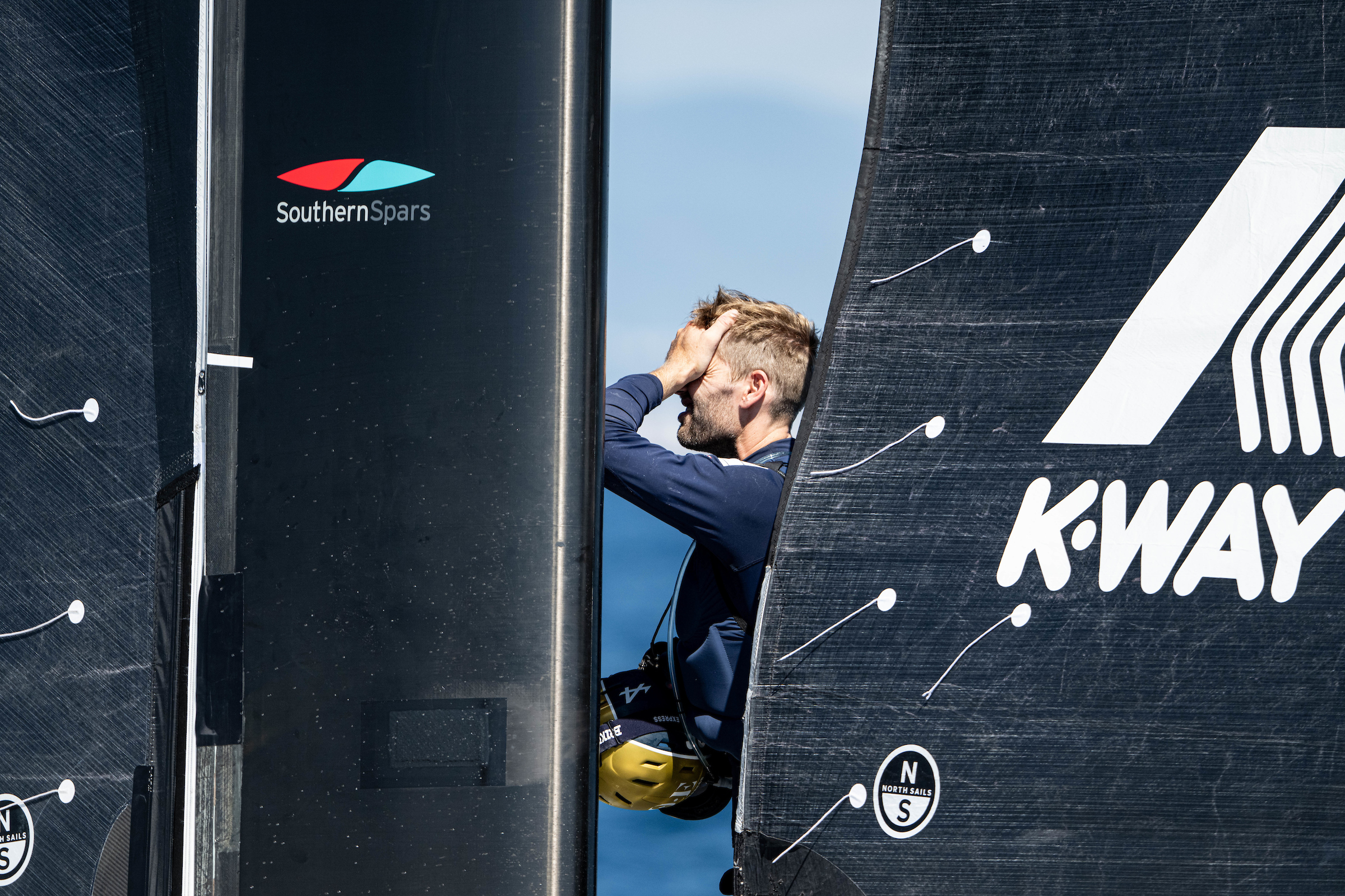 Orient Express Racing Team trimmer Jason Saunders reacts after their loss to Ineos Britannia. Photo / Ricardo Pinto, America's Cup