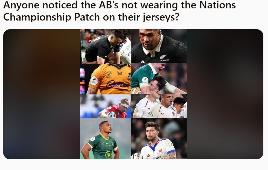 A post on social media asking the question about the lack of a Nations Championship patch on the All Blacks jersey.
