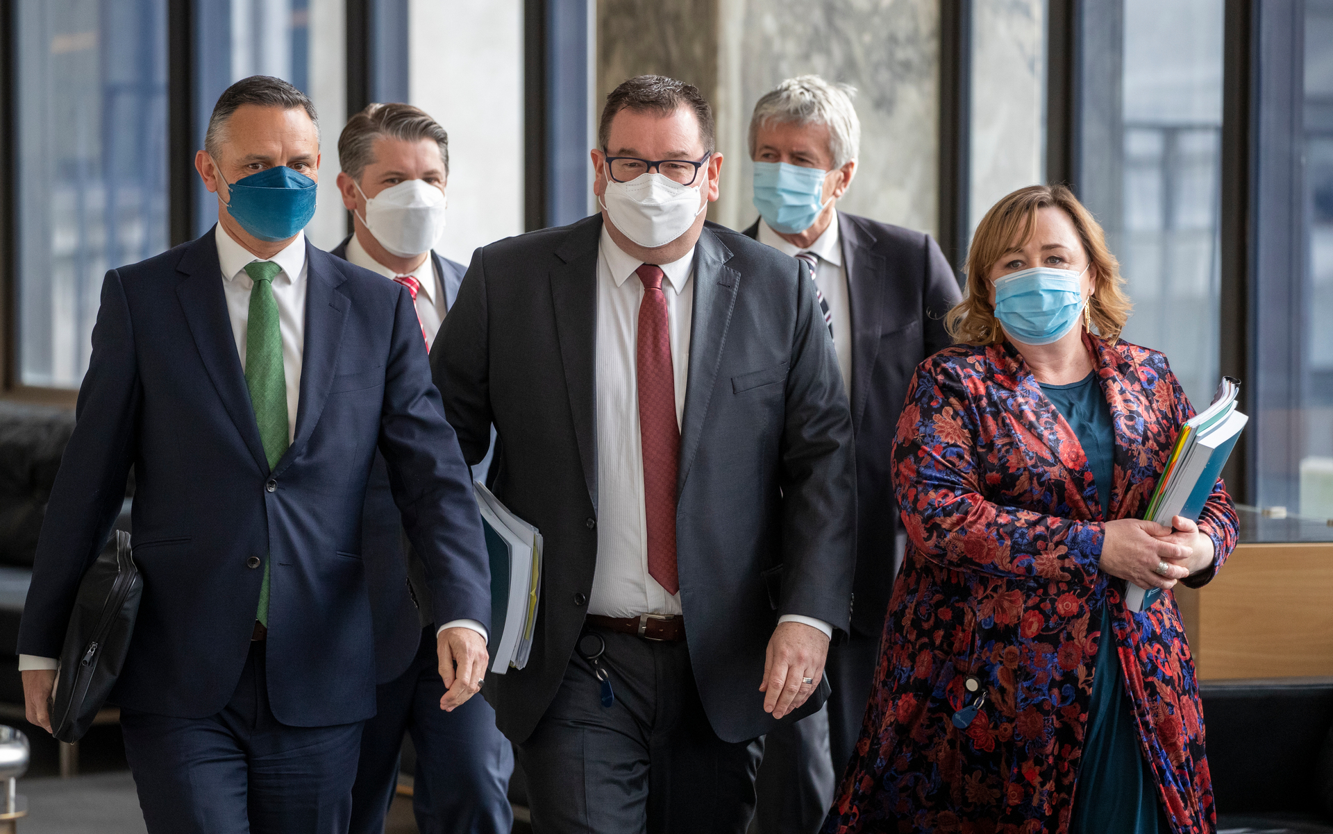 Deputy Prime Minister Grant Robertson arriving with ministers James Shaw (left), Michael Wood, Damien O'Connor and Megan Woods. Photo / Mark Mitchell