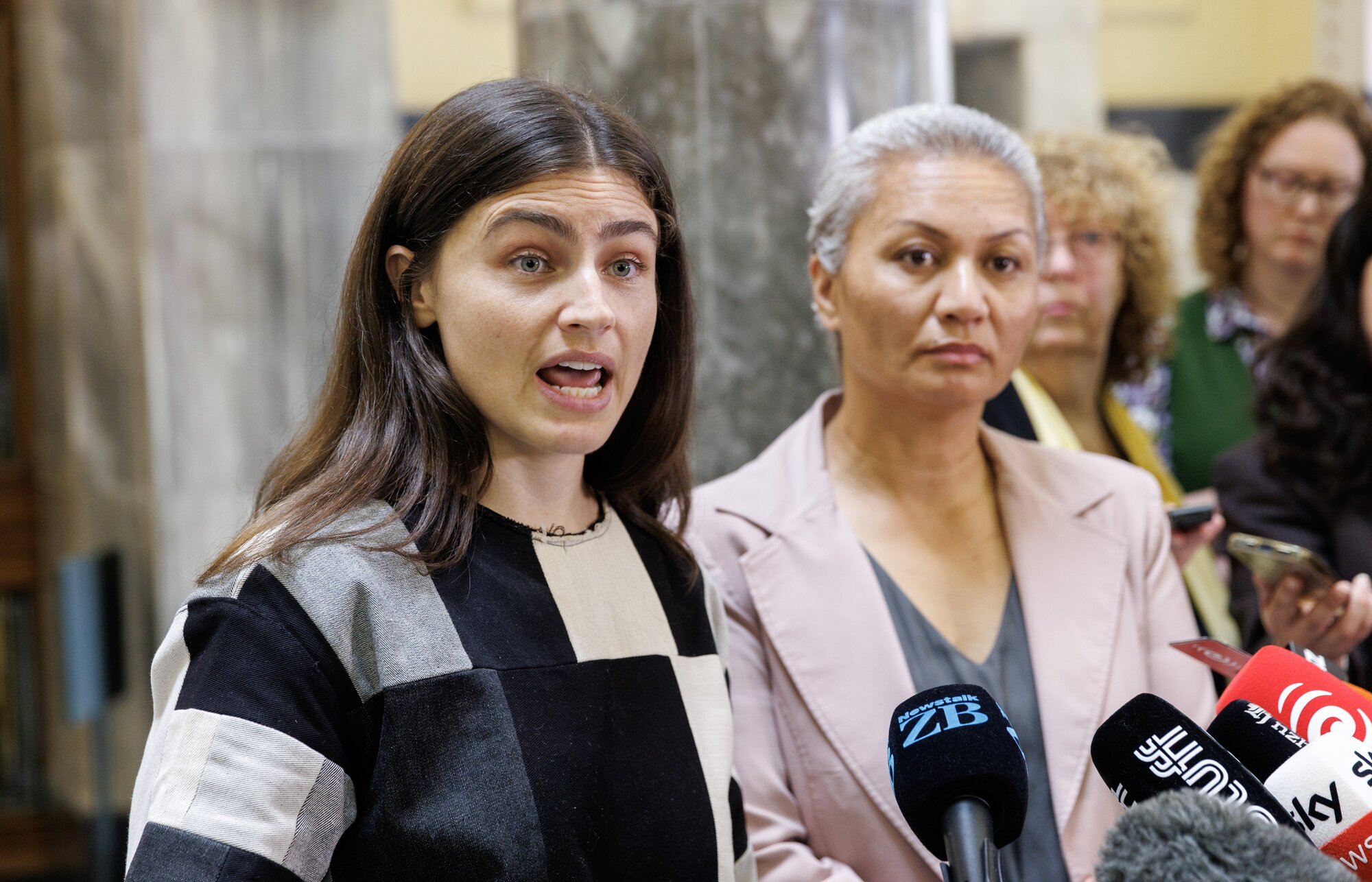 Green Party co-leaders Marama Davidson and Chlöe Swarbrick address media following the online abuse of MP Benjamin Doyle. Photo / Mark Mitchell