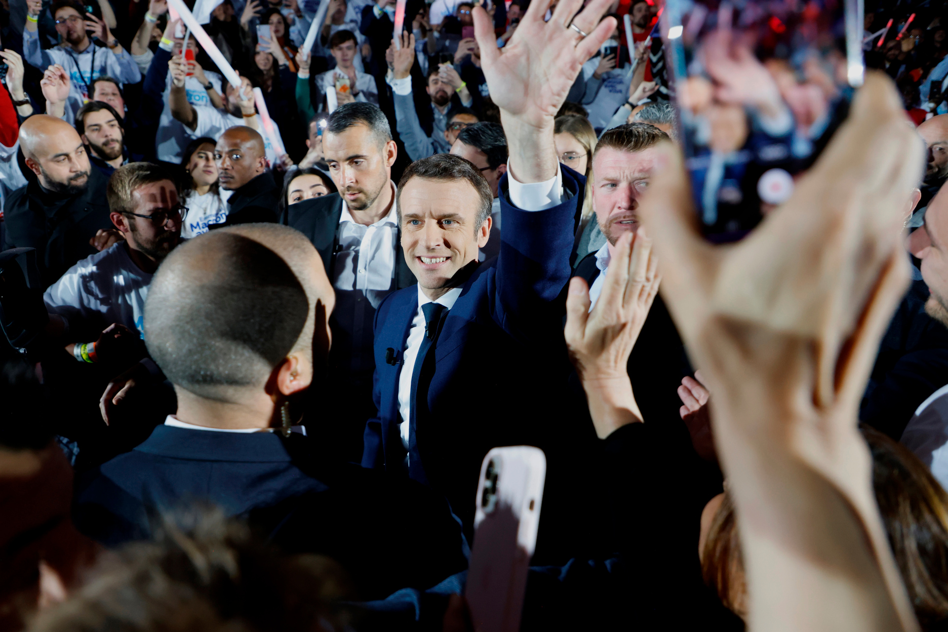 Emmanuel Macron greets supporters in Paris on April 2, 2022. Photo / AP