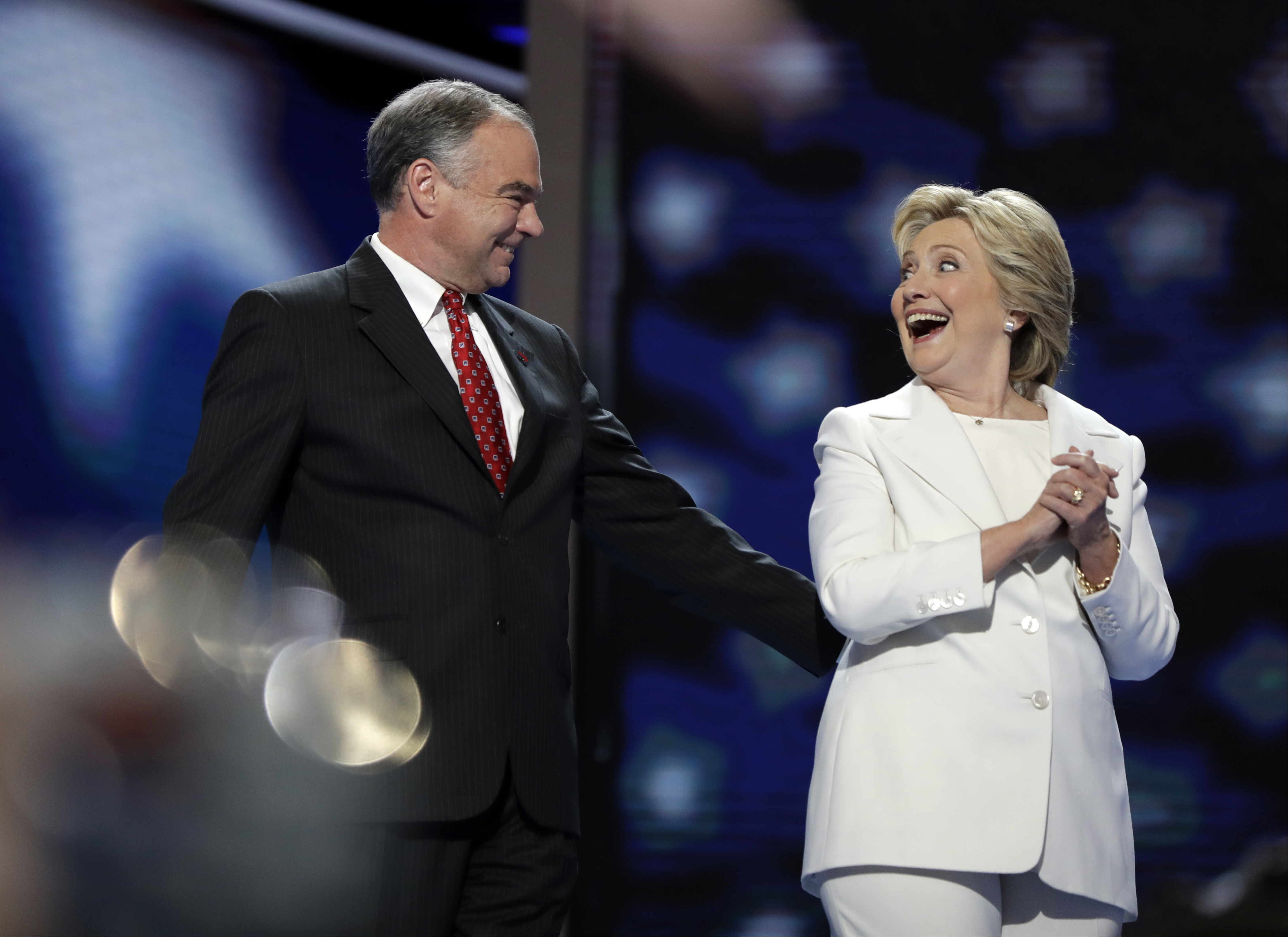 Democratic presidential nominee Hillary Clinton, right, is joined by Democratic vice presidential candidate, Sen. Tim Kaine. Photo / AP