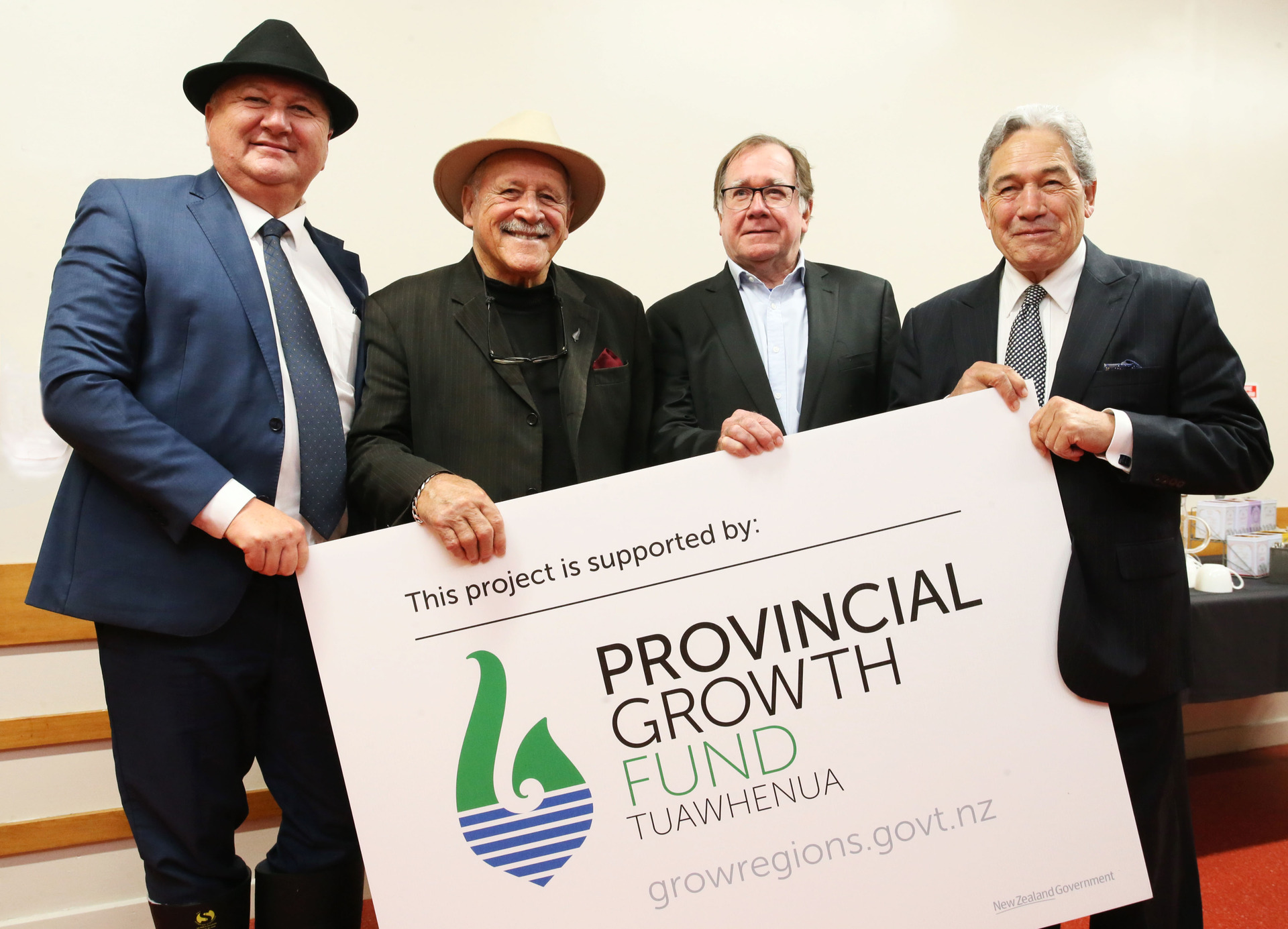 Shane Jones (left), Dover Samuels, Murray McCully, and Winston Peters at the water storage announcement in Whangārei. Photo / Tania Whyte