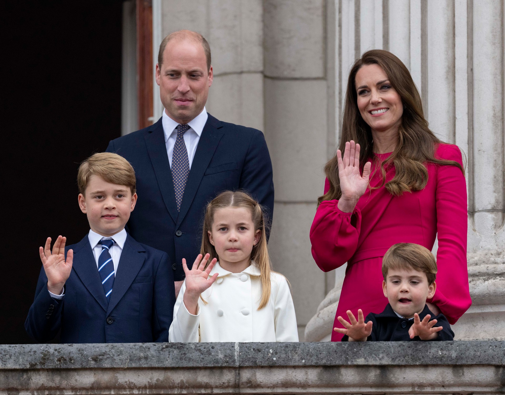 Prince William and Catherine, Duke and Duchess of Cambridge with Prince George of Cambridge, Prince Louis of Cambridge and Princess Charlotte of Cambridge stand on the balcony at Buckingham Palace at the end of the Platinum Pageant on The Mall on June 5, 2022 in London. Photo / Getty Images