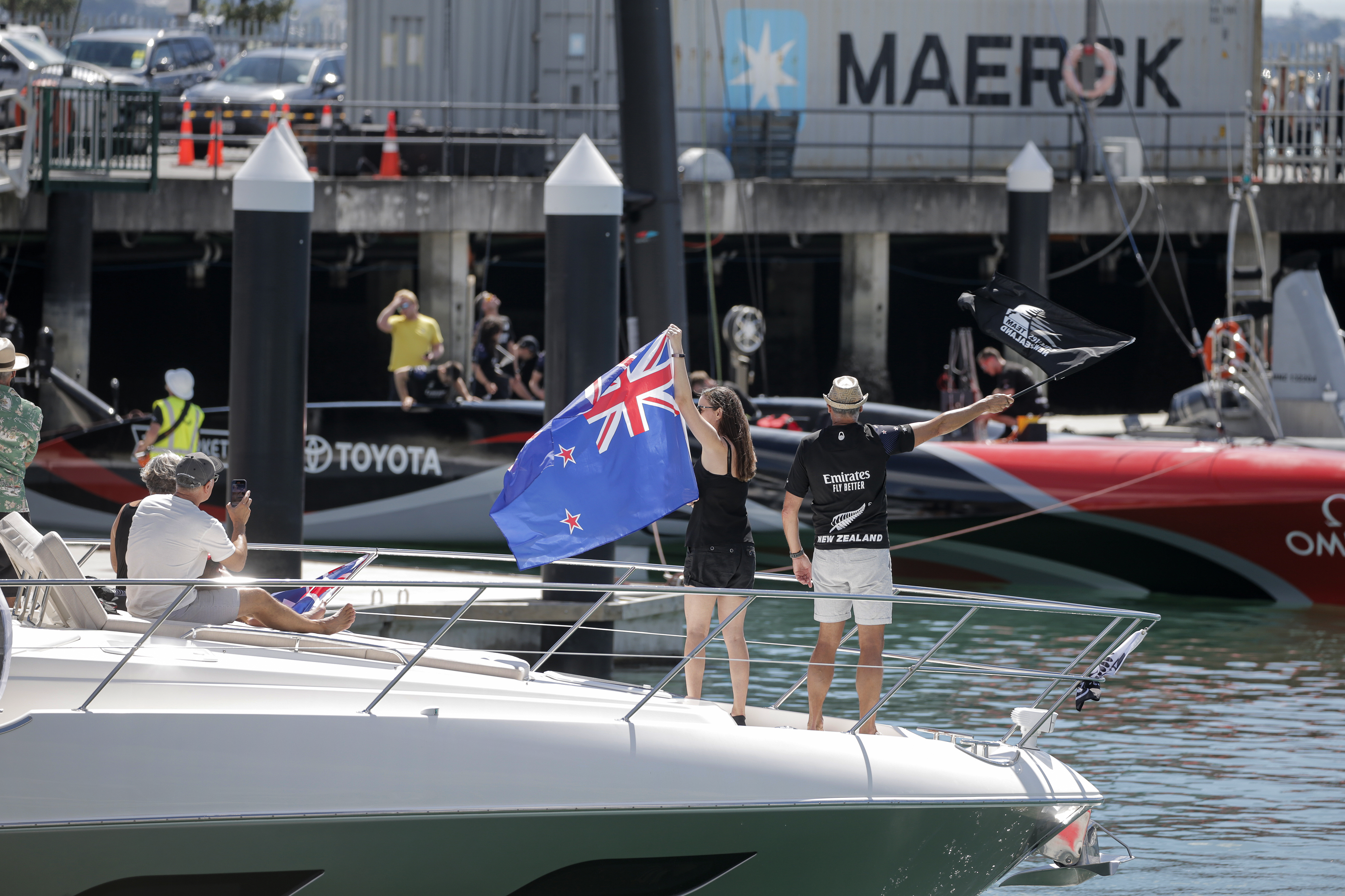 Crowds at the Viaduct Basin in Auckland, as people watch the undocking of Luna Rossa and Team NZ prior to racing in the 2021 America's Cup. Photo / Alex Burton