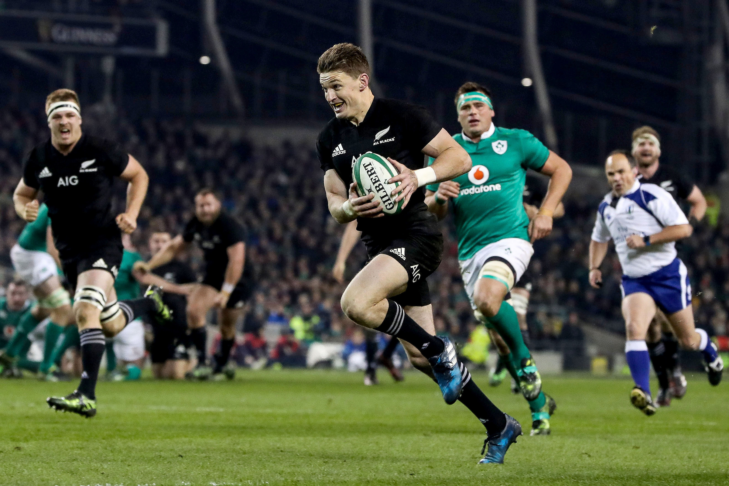 Beauden Barrett on his way to scoring a try in the 2016 test in Dublin. Photo / Photosport
