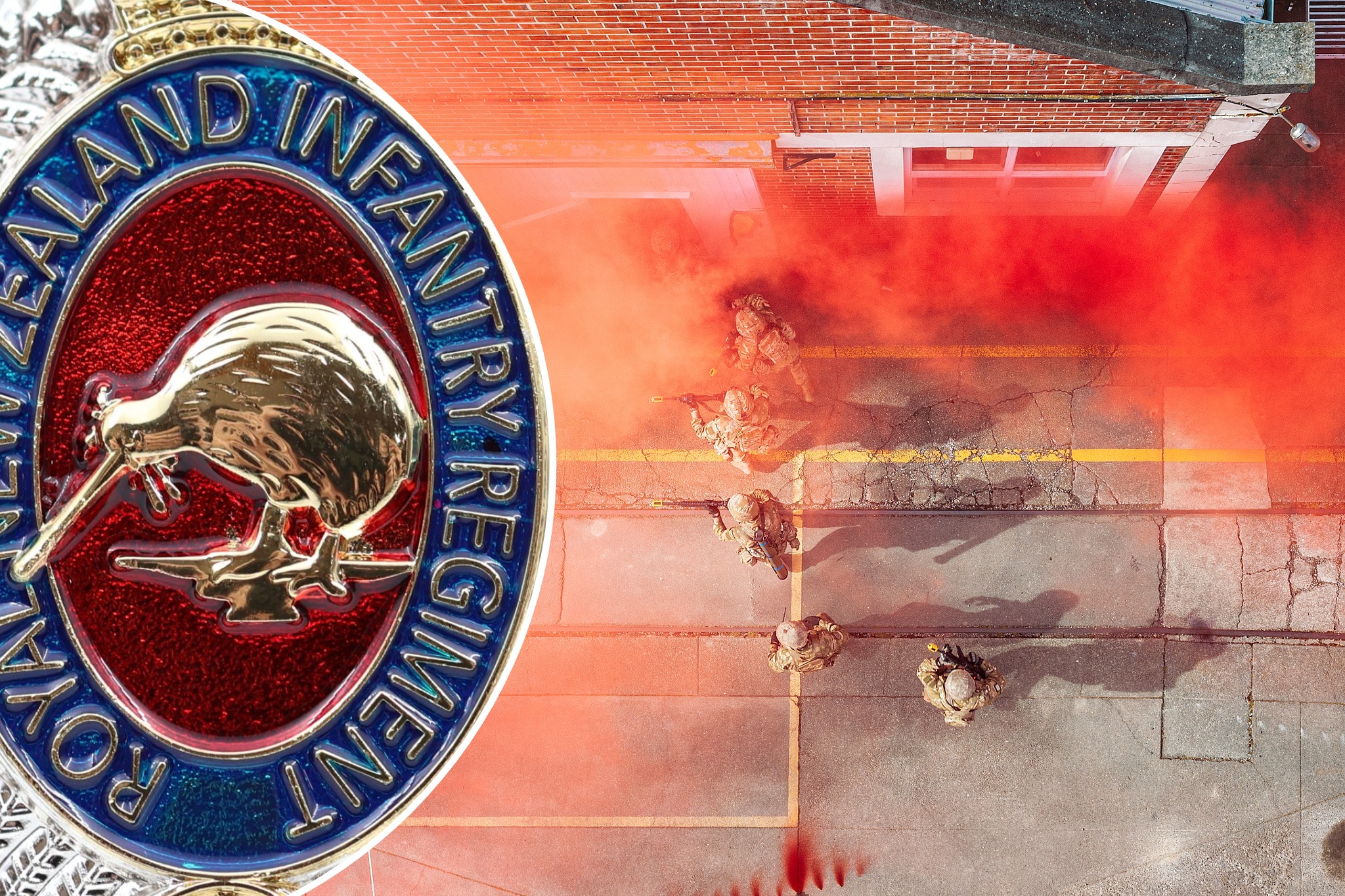 Soldiers from 2nd/1st Battalion, Royal New Zealand Infantry Regiment, taking part in an exercise. Inset is the regimental corps badge. Photo / Herald composite