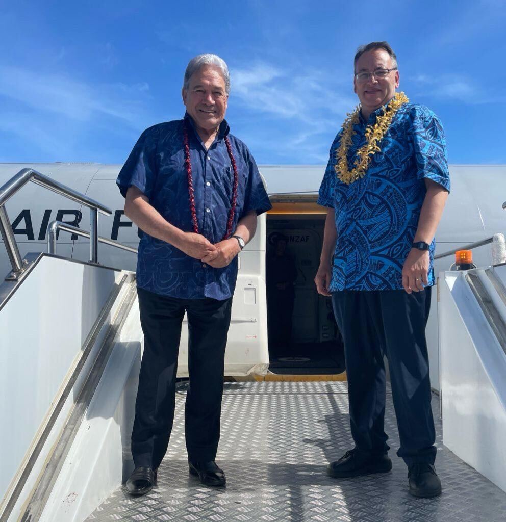 Foreign Affairs Minister Winston Peters and Pacific People's Minister Dr Shane Reti show off their island alo'a (shirts) in Samoa before heading home. Photo / Michael Appleton