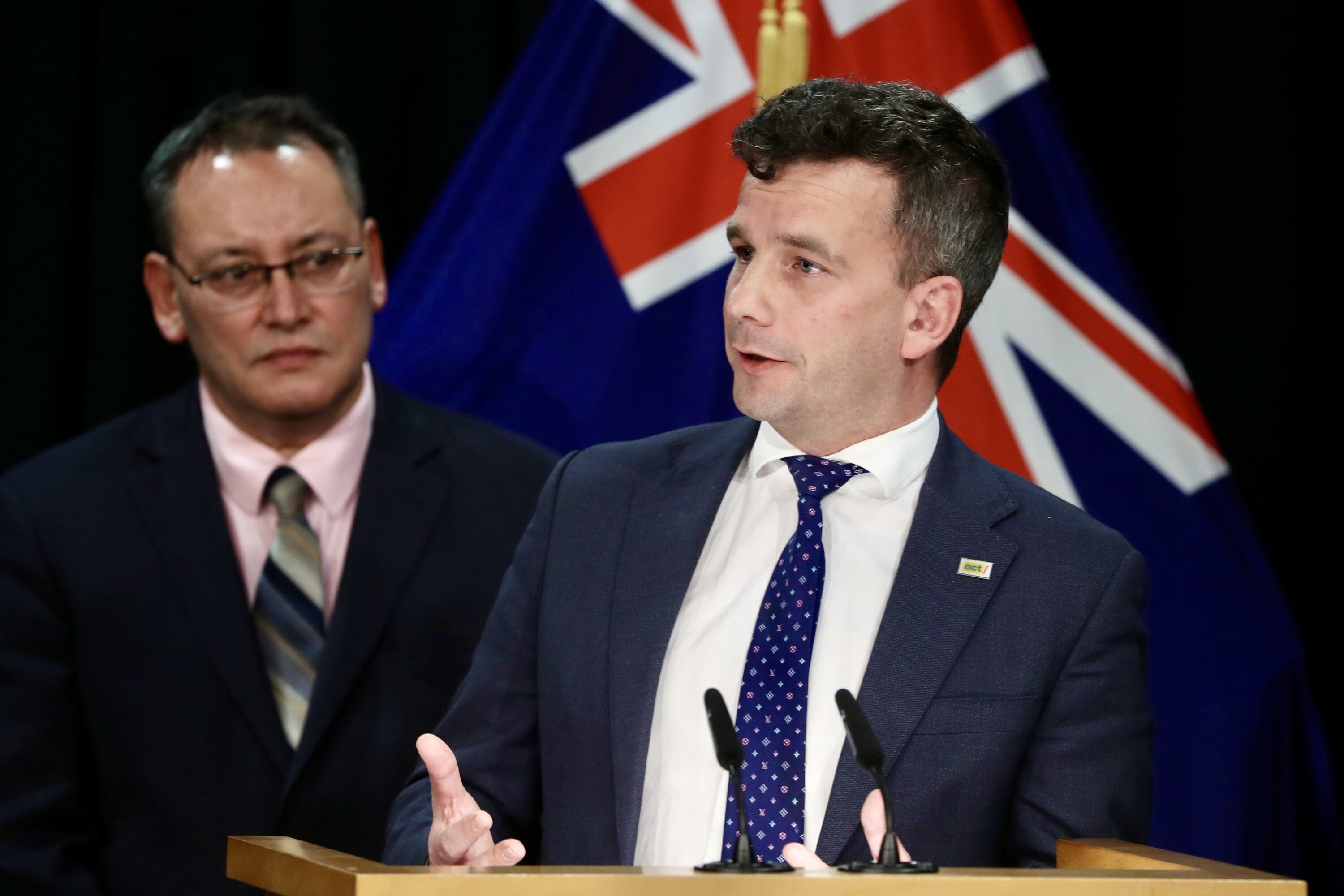 Pharmac Minister David Seymour and Health Minister Dr Shane Reti were back singing the same tune today, after holding different positions on the policy last week. Photo / Mark Mitchell 