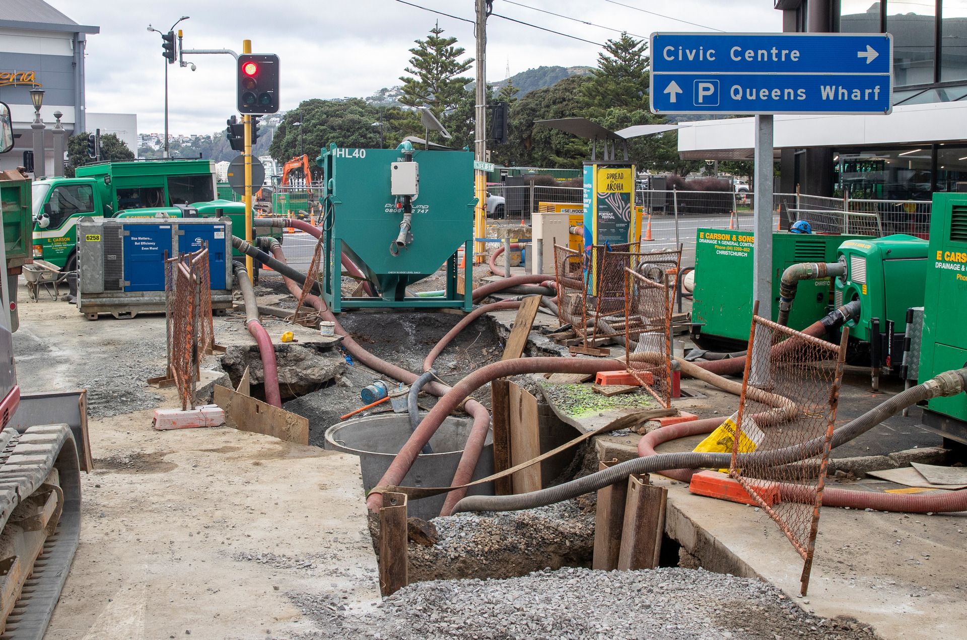 Repair work underway after a sinkhole emerged on Wellington's Jervois Quay due to a collapsed stormwater pipe. Photo / Mark Mitchell