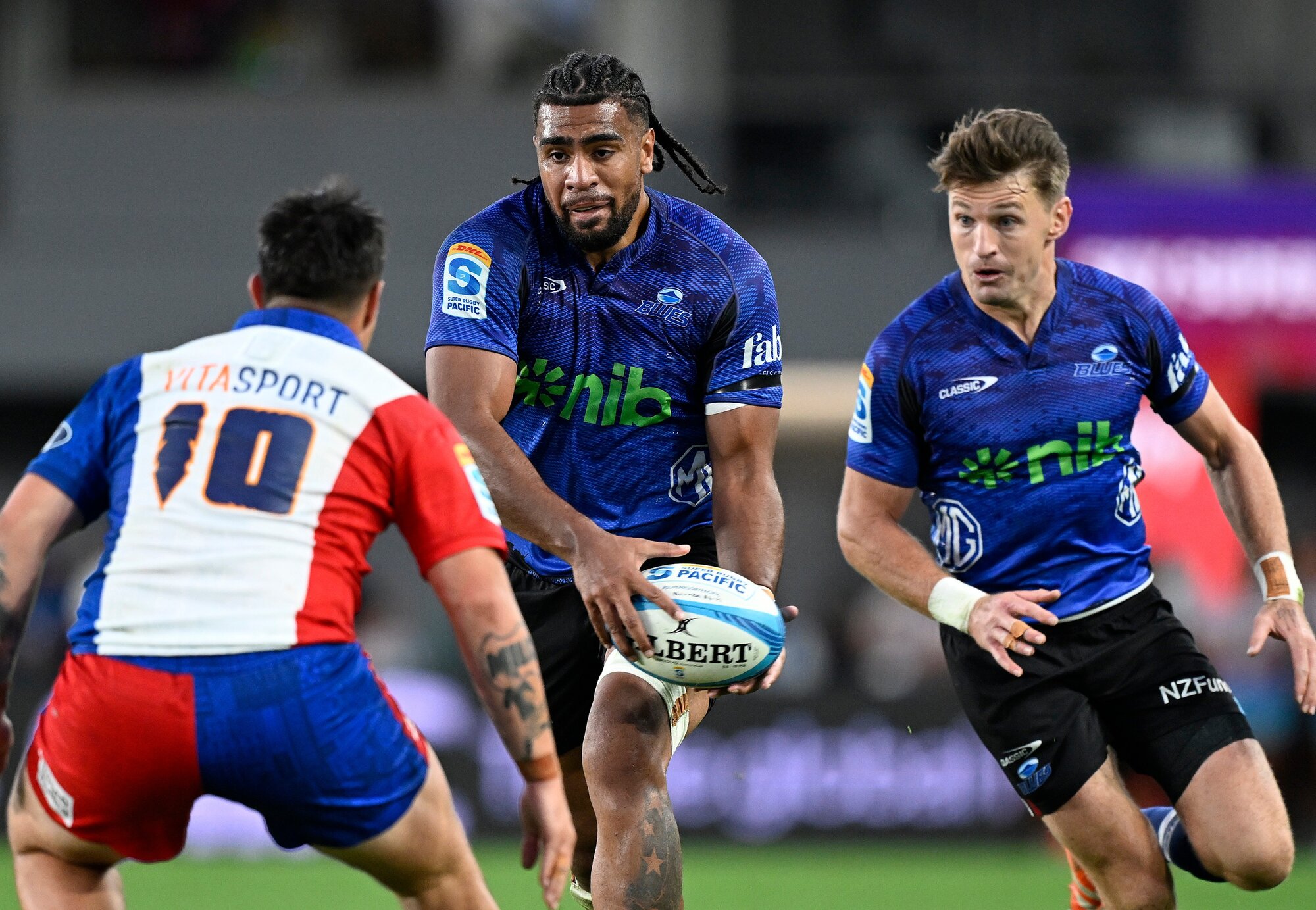 Hoskins Sotutu on the charge for the Blues against Moana Pasifika. Photo / Photosport
