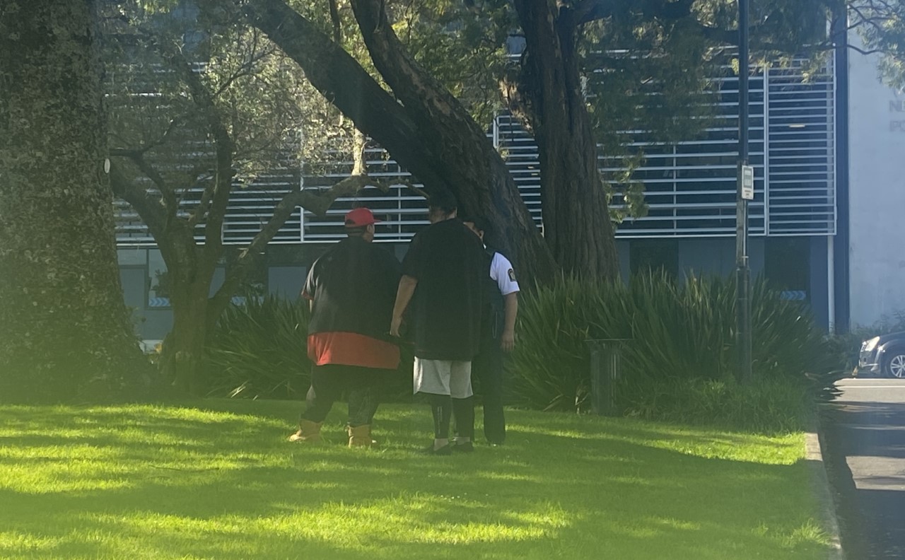 Supporters of the Mongrel Mob gang president who admitted murdering Rei Marshall. The man on the left was dragged from court by security guards and police amid a fracas.