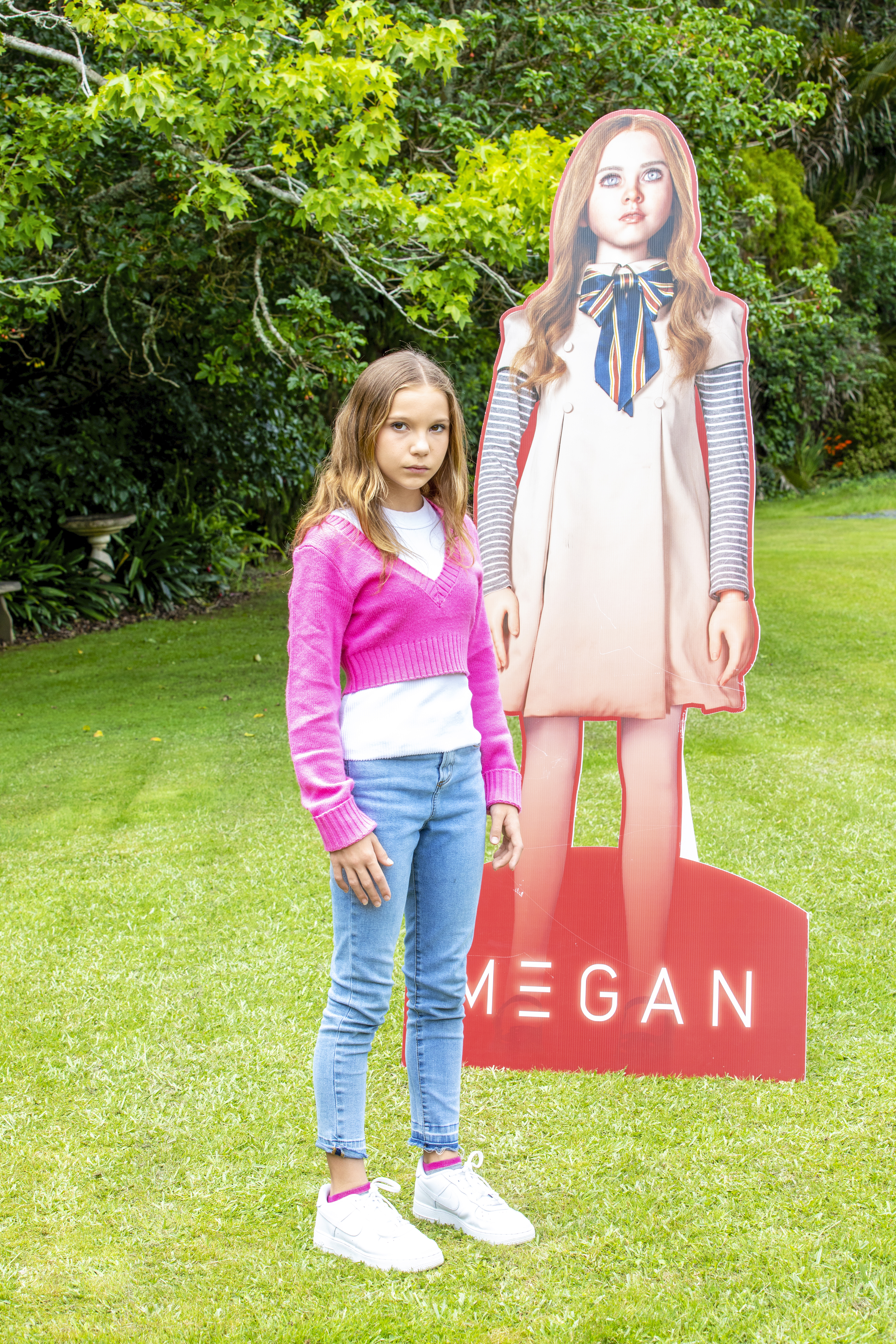 13 year old Amie Donald with a M3gan cut-out. Photo / Kellie Blizard
