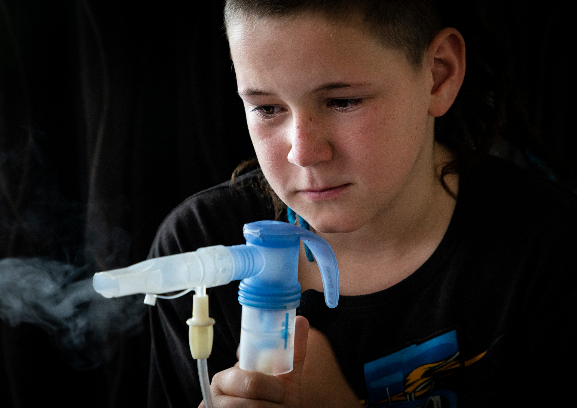 Charlie uses a nebuliser daily which contains a saline solution that loosens phlegm in his lungs so he can cough it up. Photo / Andrew Warner