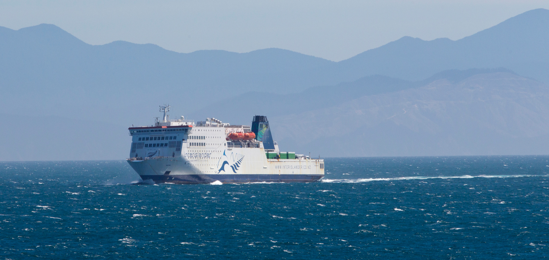 The Interislander ferry Kaitaki in Cook Strait, with Clifford Bay in the background, while sailing from Picton to Wellington. 26 February 2013. New Zealand Herald photograph by Mark MItchell