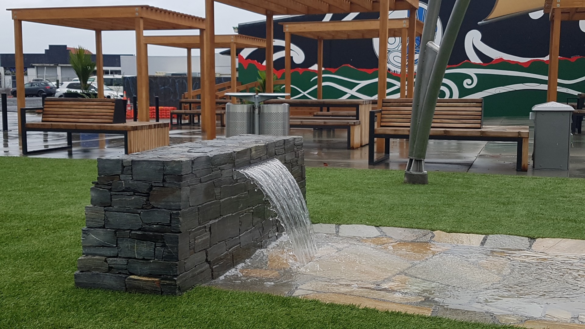 Kaitāia’s new town square has its own water feature.