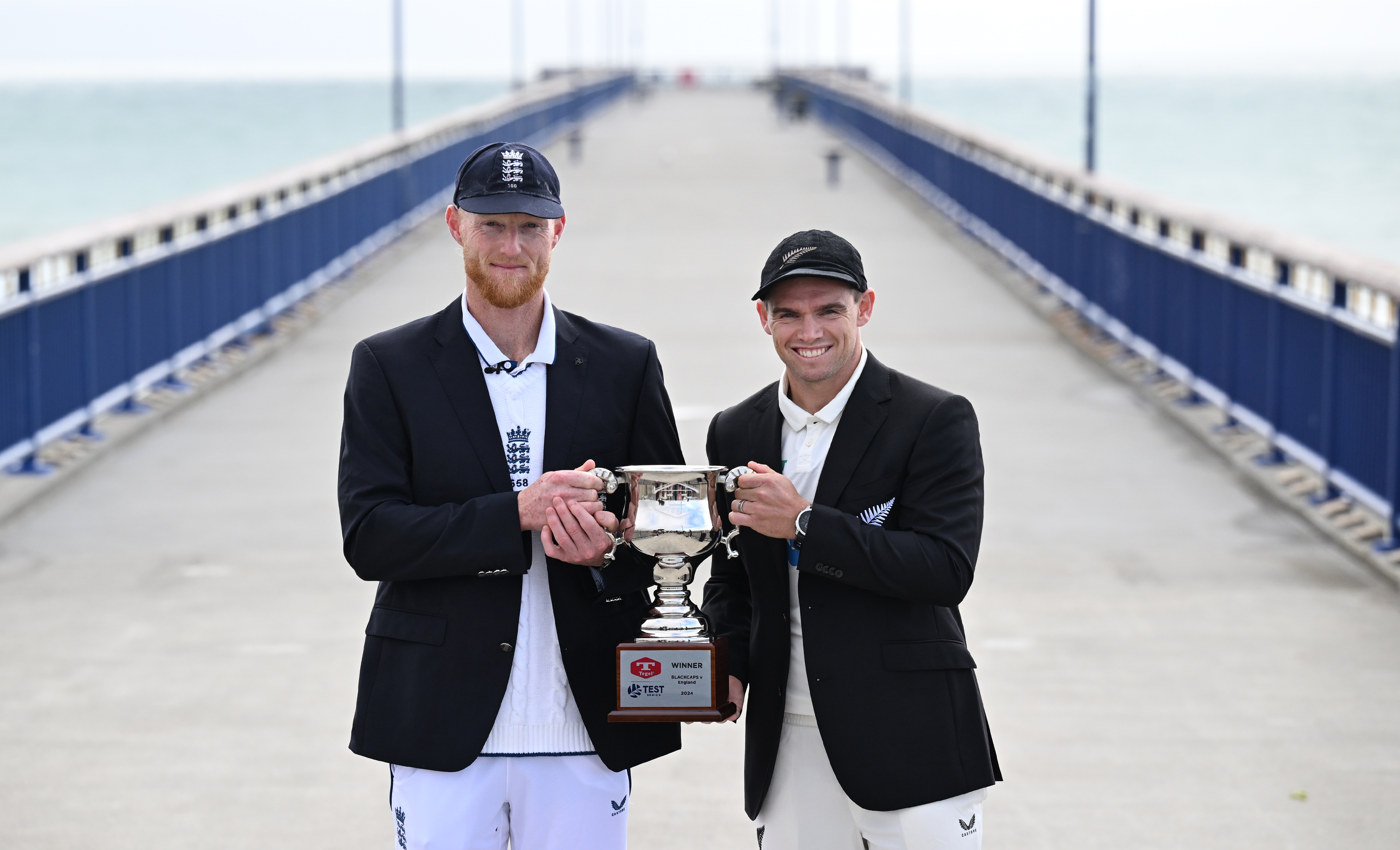 Ben Stokes and Tom Latham at New Brighton pier ahead of the first test. Photo / Photosport