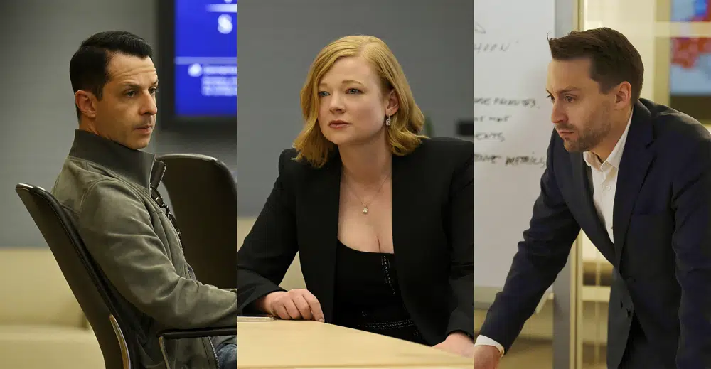 Jeremy Strong as Kendall Roy, left, Sarah Snook as Shiv Roy, center, and Kieran Culkin as Roman Roy, from the HBO series Succession. Photo / HBO via AP