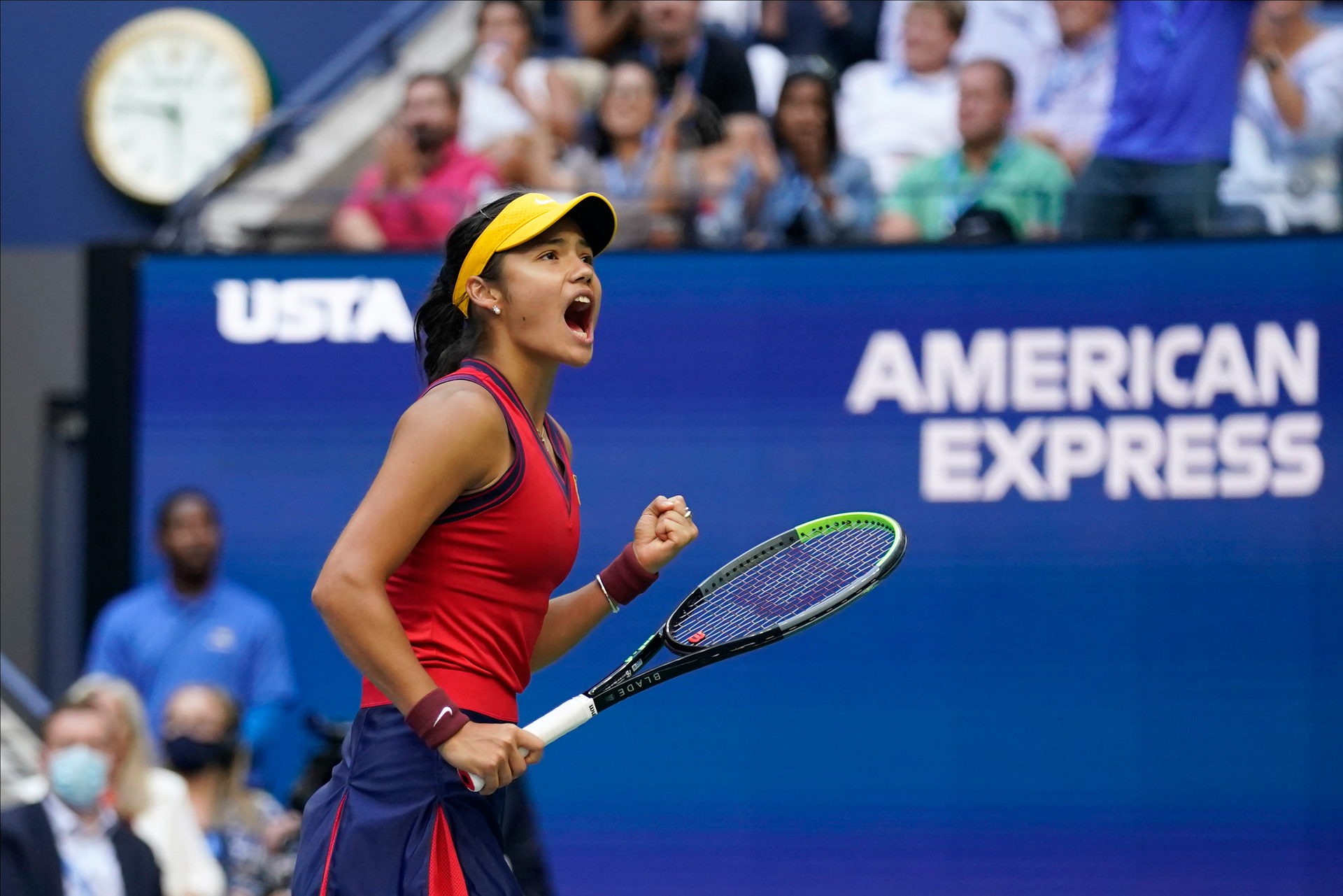Emma Raducanu, of Britain, reacts after scoring a point against Leylah Fernandez, of Canada, during the women's singles final of the US Open tennis championships. Photo / AP