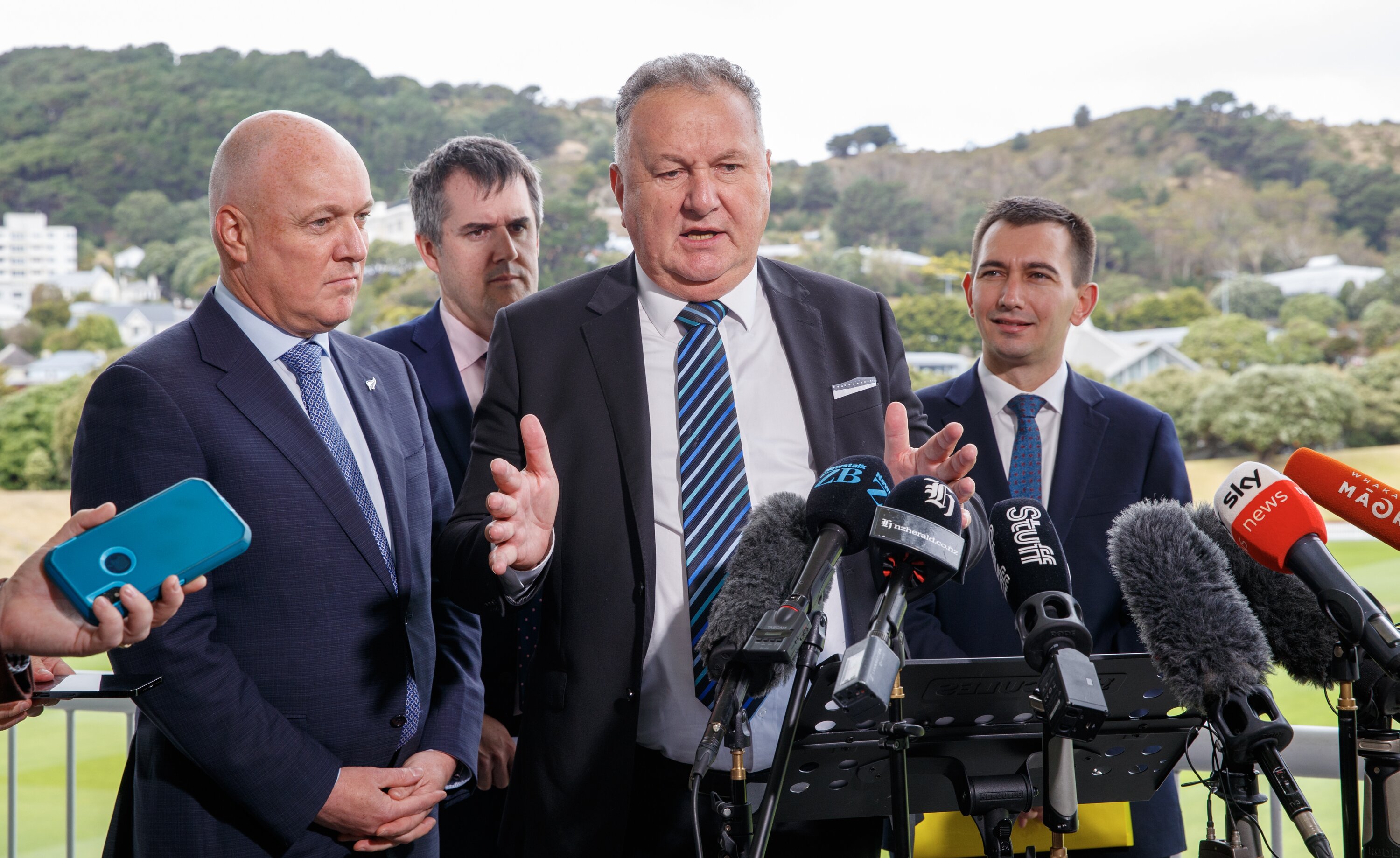 Prime Minister Christopher Luxon, RMA Reform Minister Chris Bishop, Regional Development Minister Shane Jones and Transport Minister Simeon Brown announcing the Government's fast-track consenting one-stop-shop regime in March. Photo / Mark Mitchell