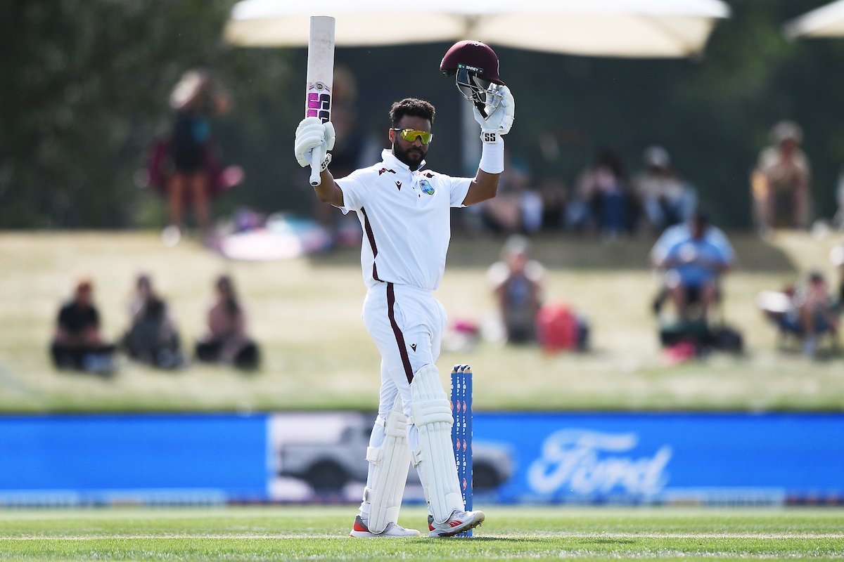 Shai Hope celebrates his test century against the Black Caps in Christchurch. Photo / Photosport