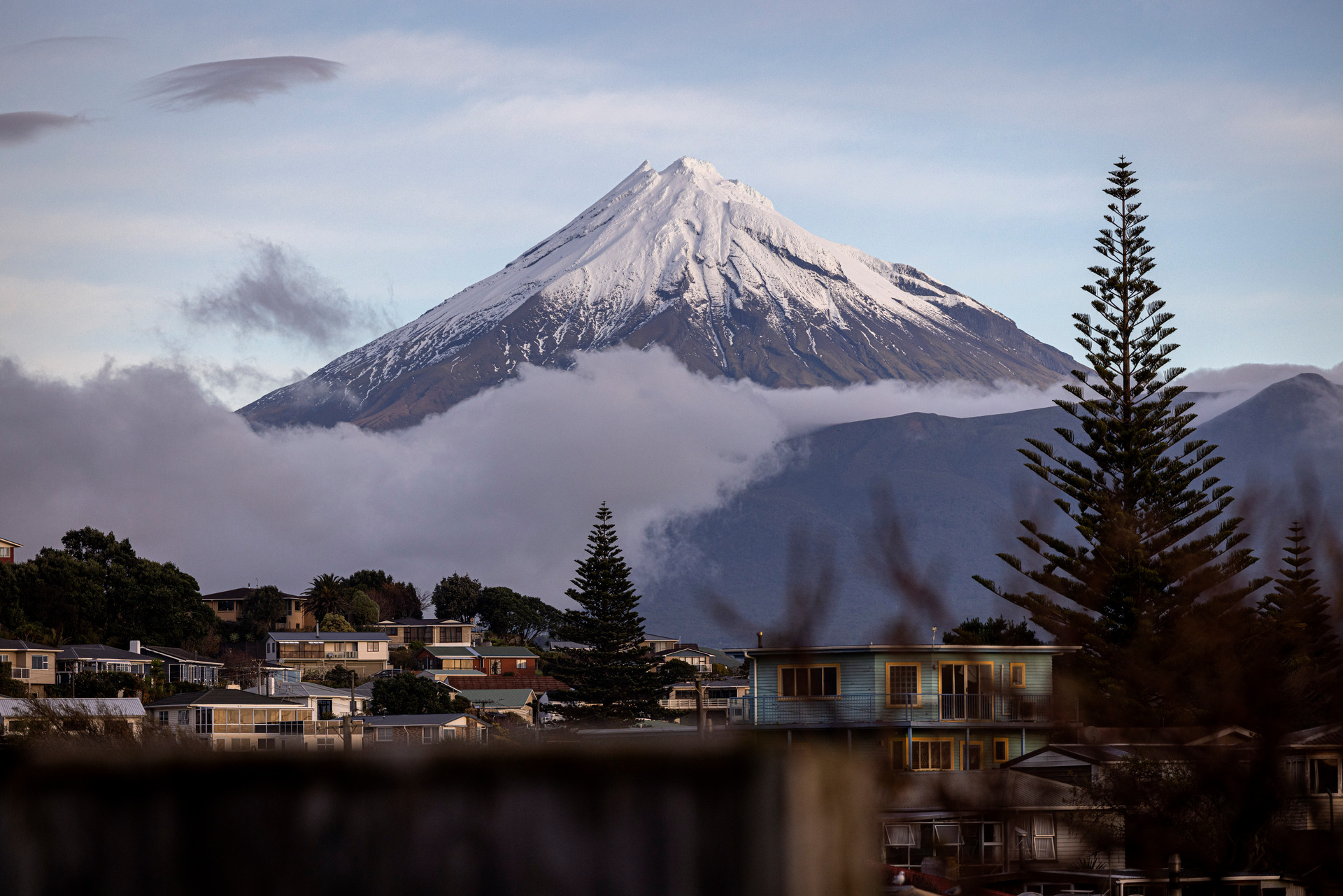 A striking Mt Taranaki looms over New Plymouth. Photo / Mike Scott