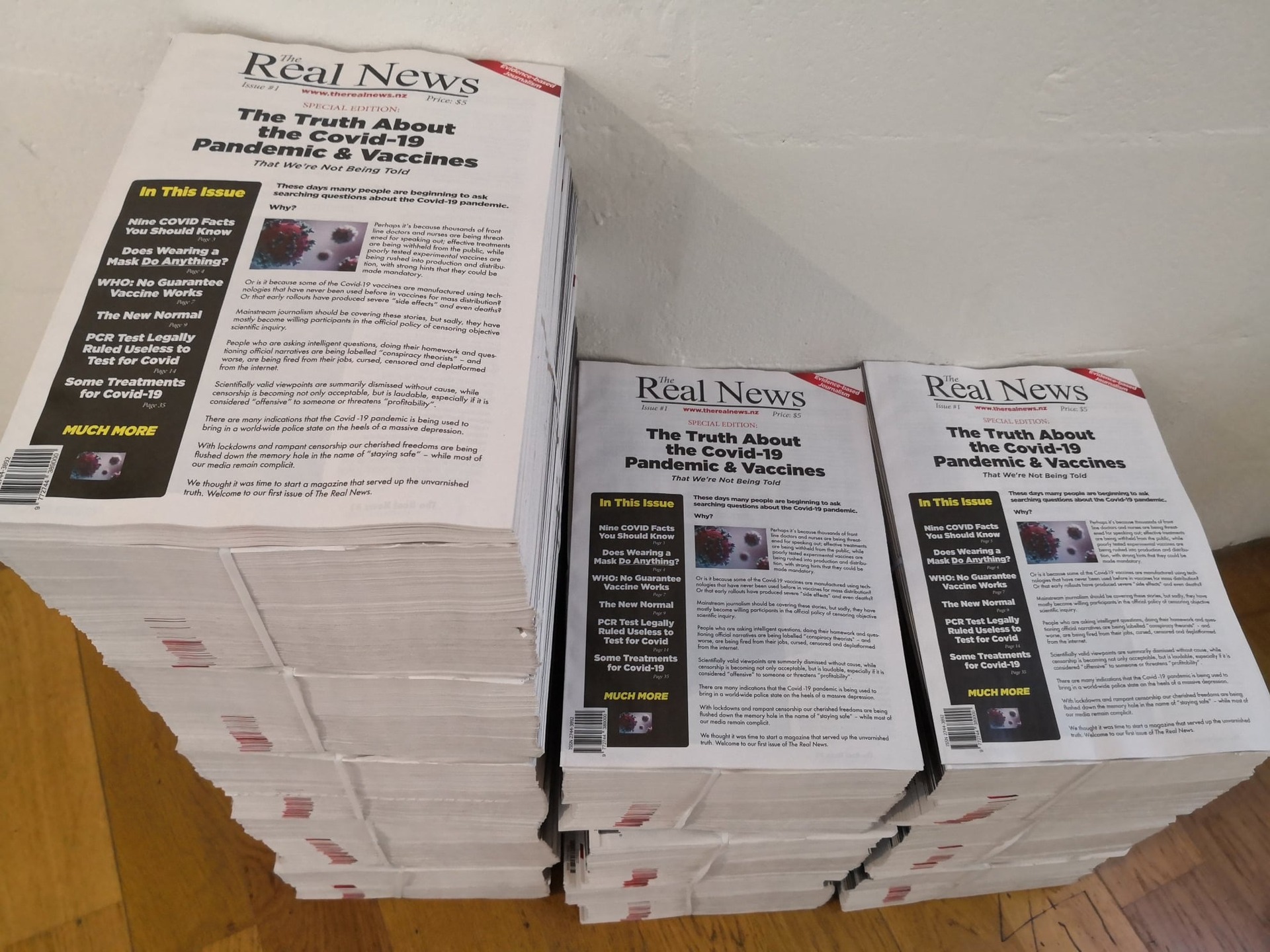 Part of the five cubic metre pile of The Real News being distributed by Advance NZ and lobby group, Voices for Freedom. Photo / Supplied