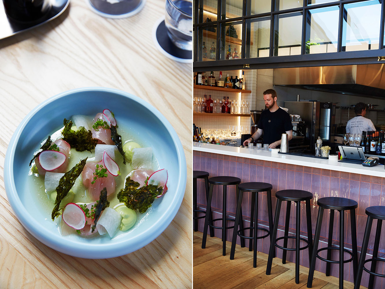 Trevally with avocado puree, pickled radish and sesame laver. Photos / Rebecca Zephyr Thomas