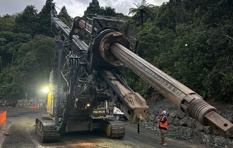 The largest drill in use in the Mangamuka Gorge is the Liebherr LB24. Photo / Supplied, Waka Kotahi