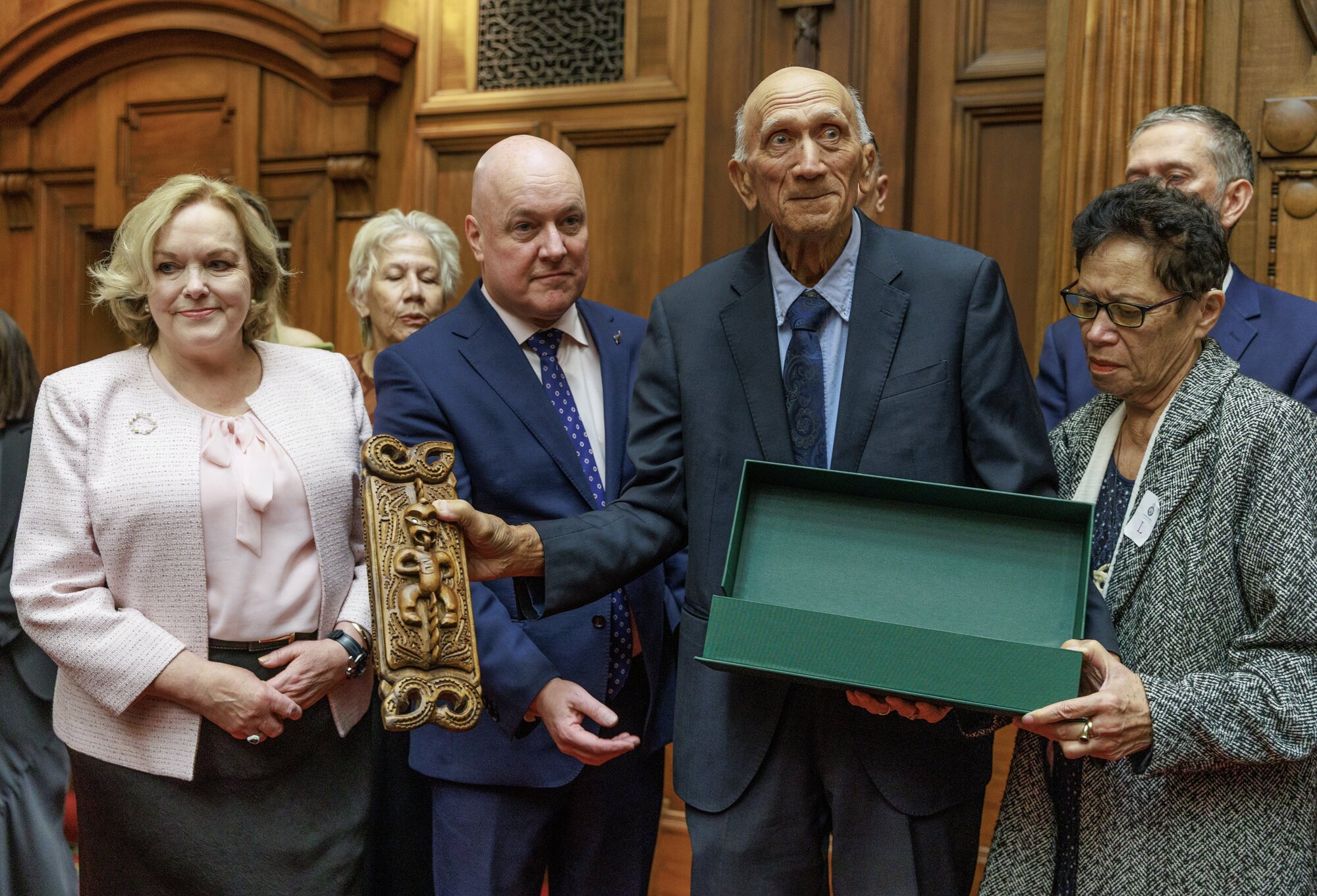 Prime Minister Christopher Luxon and Attorney-General Judith Collins with kaumātua Rore Stafford and his wife Lynne Stafford during the signing at Parliament to settle the long-running Nelson Tenths legal case. Photo / Mark Mitchell.
