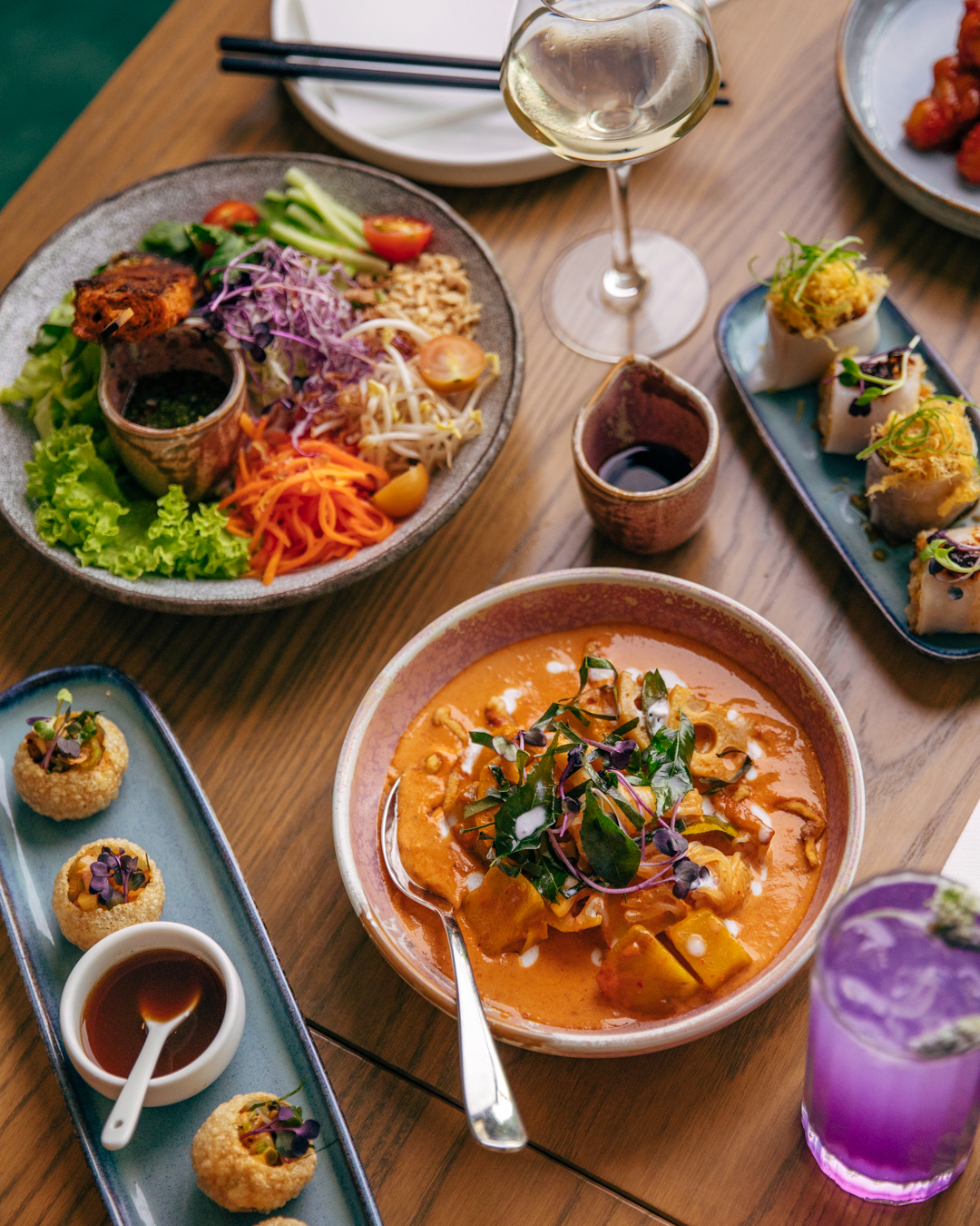 The penang curry, Vietnamese salad and cheung fun at East restaurant. Photo / Supplied