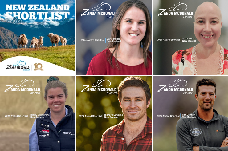 2024 Zanda McDonald Award NZ finalists: Carla Muller (left), Jordi Hoult, Nancy Crawshaw, Richard Dawkins, and Tim Dangen. Photo / zandamcdonaldaward.com