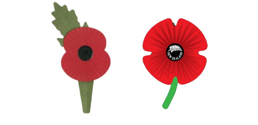Two new poppies for Poppy Day 2026. On the left, the poppy being imported by the NZ Returned and Services Association is a British poppy that marks Armistice Day. It carries an oak leaf set at 11 o'clock to mark the end of conflict in World War One. The poppy on the right is from the Auckland Veterans Association, a group of rebel RSAs that broke away from the national body. It uses a variation on the traditional poppy but has a fern and the words 