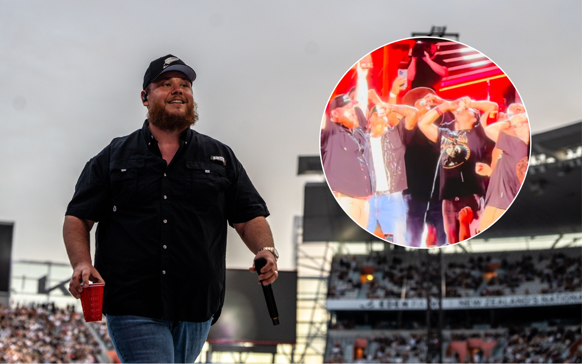 Luke Combs performed a shoey alongside rugby stars at his Eden Park concert on January 18. Photo / Corey Fleming / @zmoline
