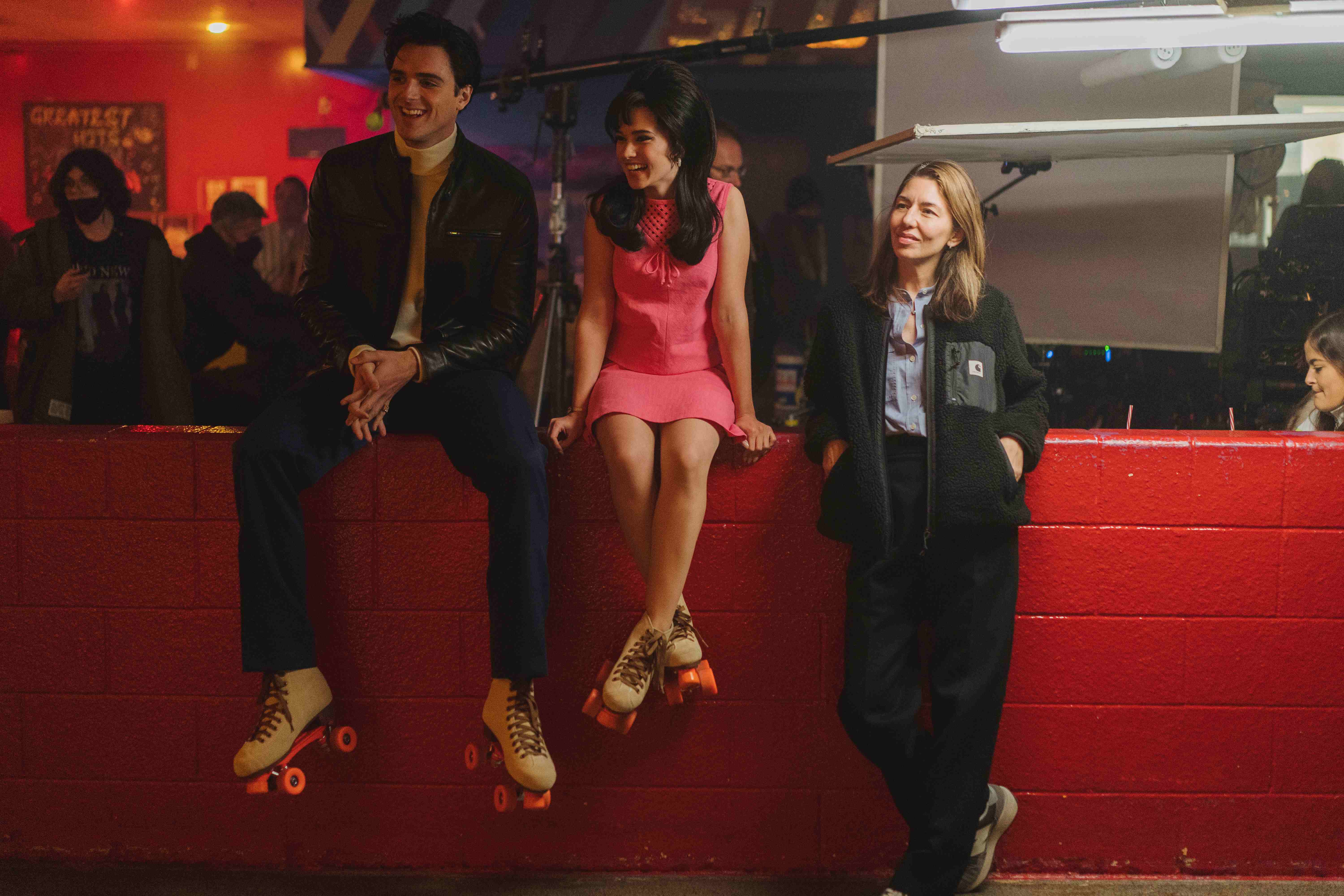 Sofia Coppola on the set of Priscilla, with the movie's stars, Cailee Spaeny and Jacob Elordi. Photo / Supplied