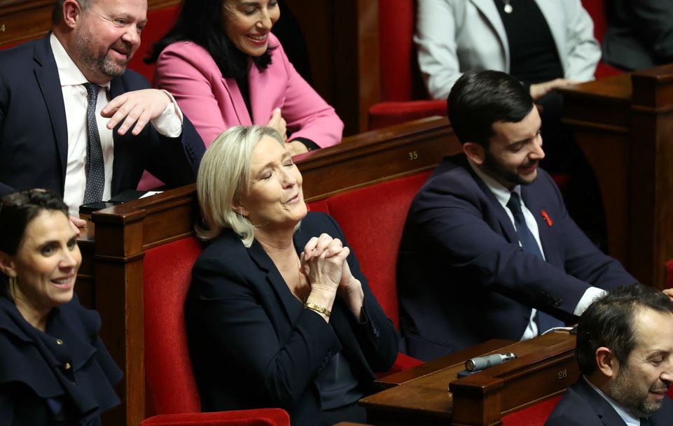 President of Rassemblement National parliamentary group Marine Le Pen during the debate prior to the no-confidence votes on Prime Minister Michel Barnier's administration. Photo / AFP