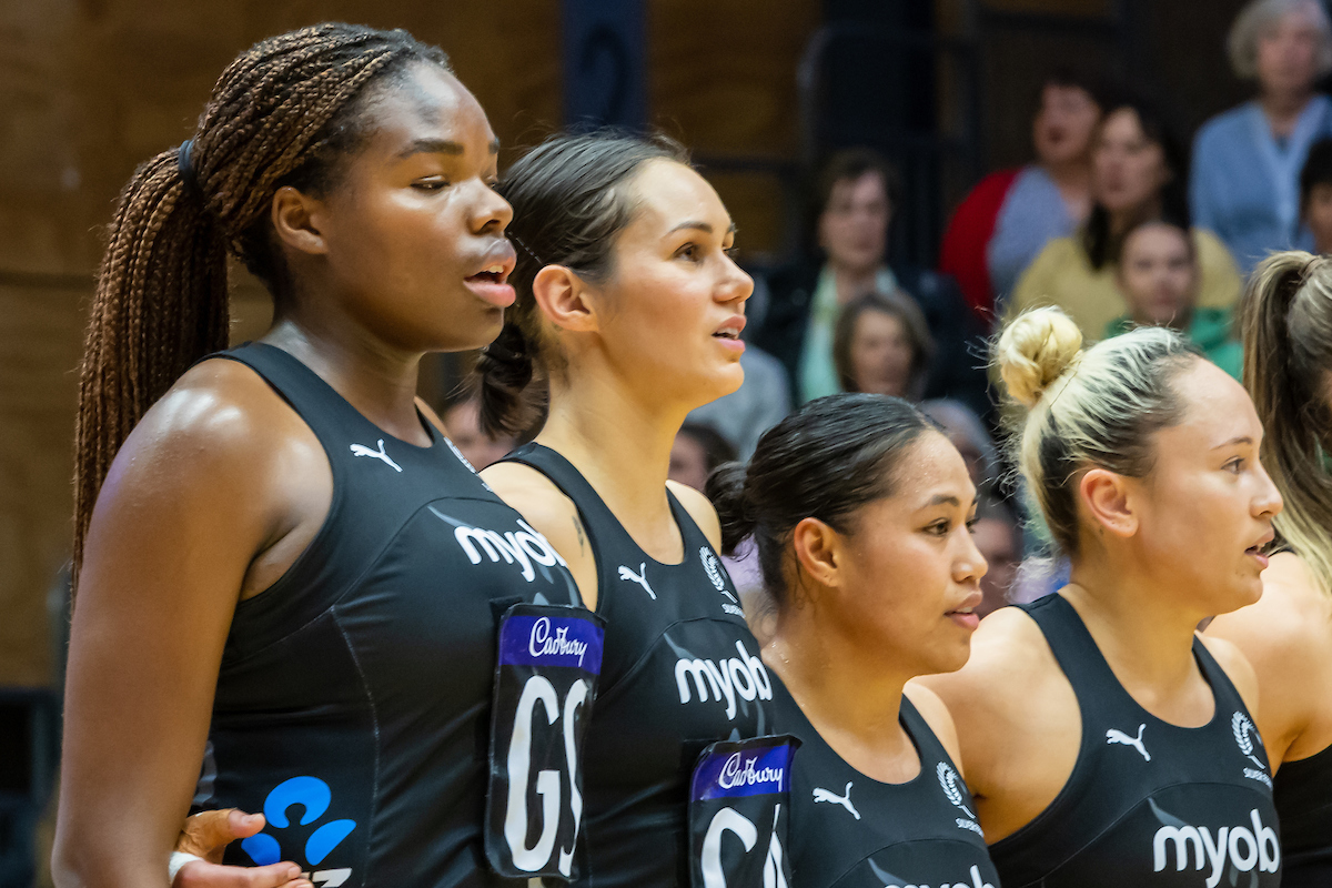 Grace Nweke (left) and Ameliaranne Ekenasio (second from left) line up for the Silver Ferns. Photo / Photosport