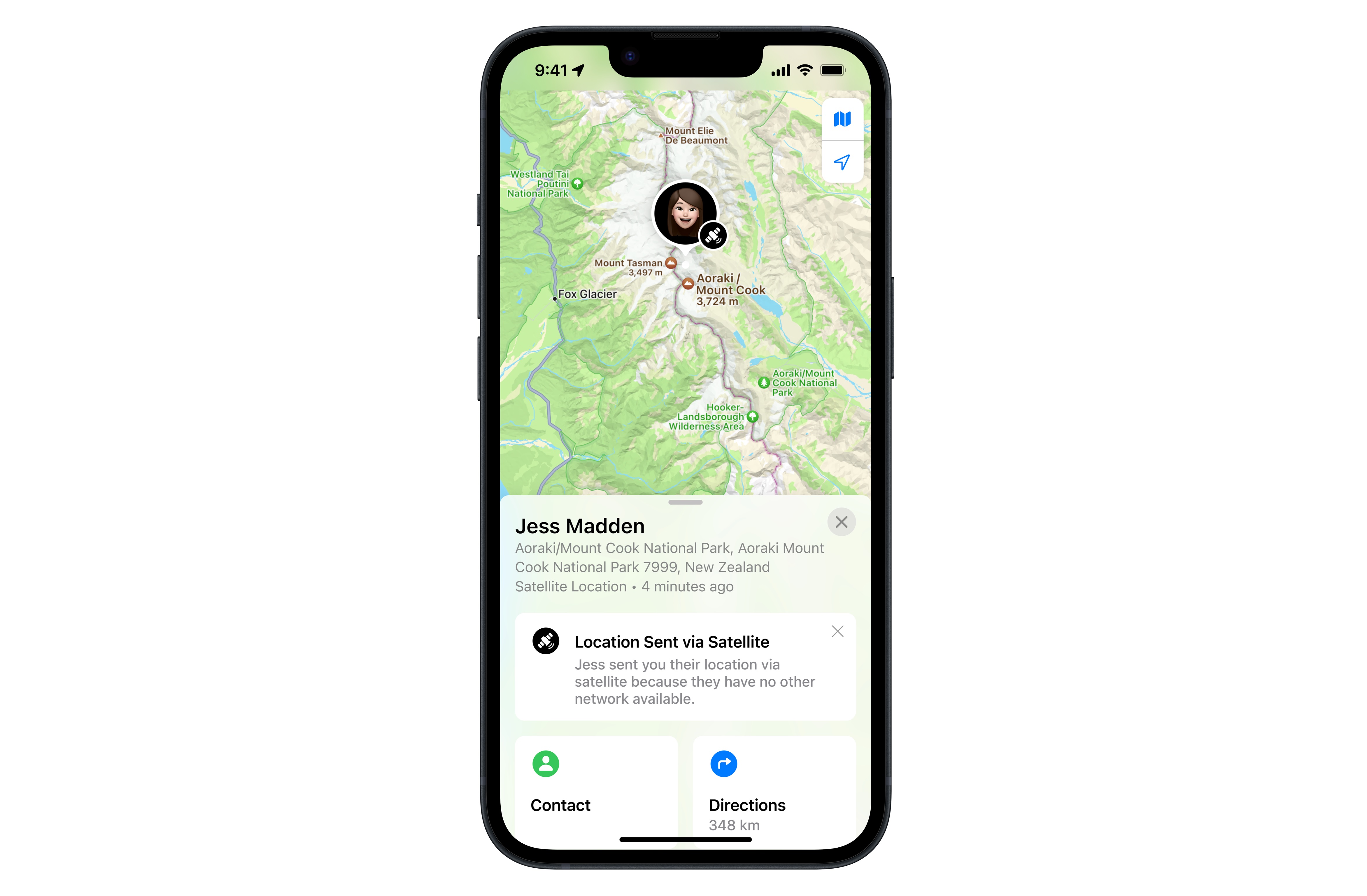 Apple's new satellite connectivity can also be used to share your location with selected contacts every 15 minutes if you're, say, tramping in an area with no cel coverage. Image / Supplied