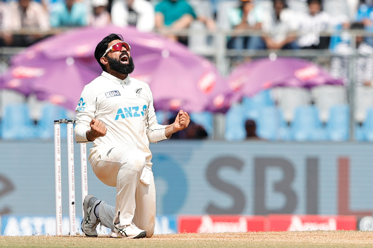 Ajaz Patel celebrates the final wicket as the Black Caps secured a 3-0 series win. Photo / Photosport