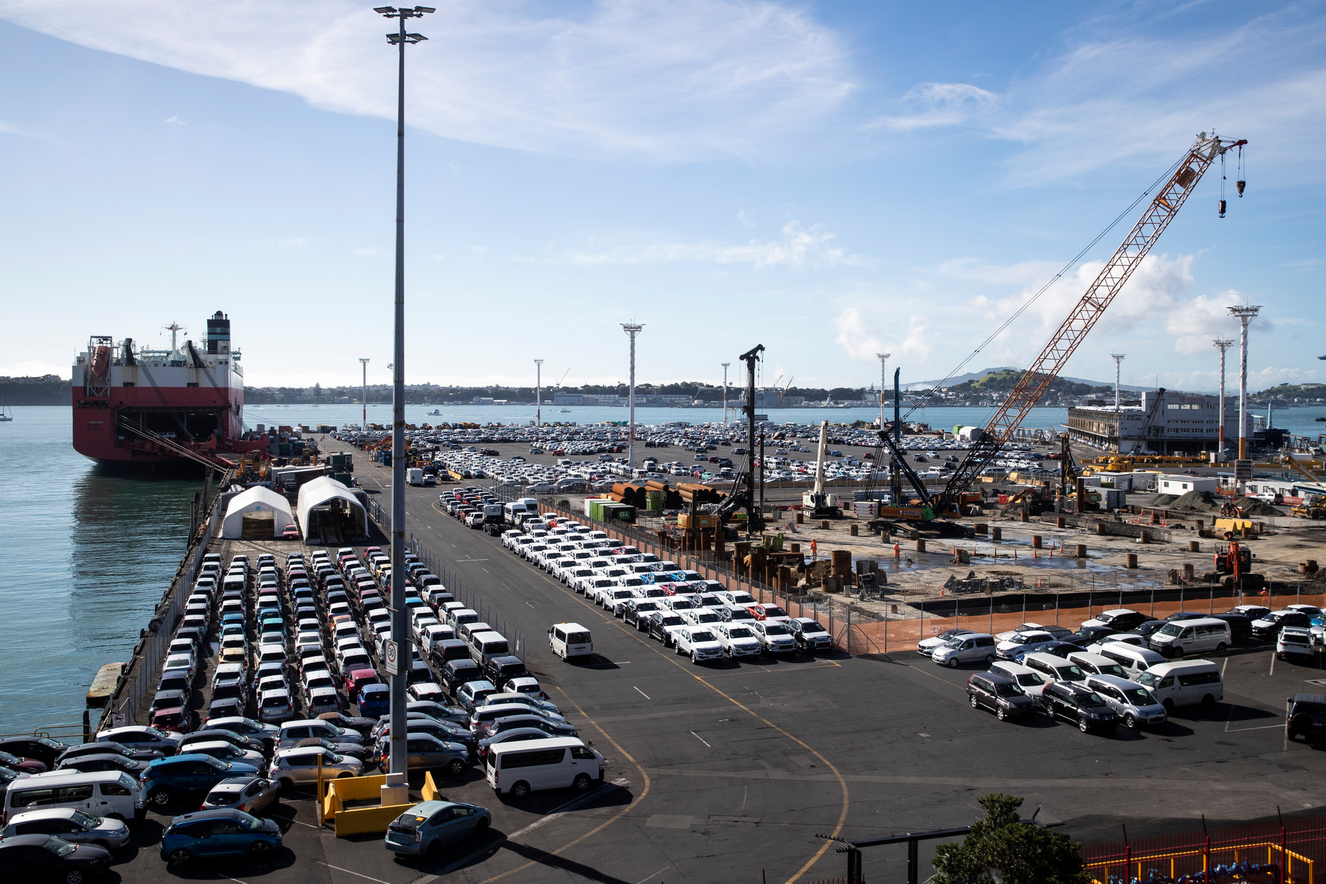Construction under way at the Ports of Auckland in 2019 for a new car building on the Bledisloe Wharf. Photo / Jason Oxenham