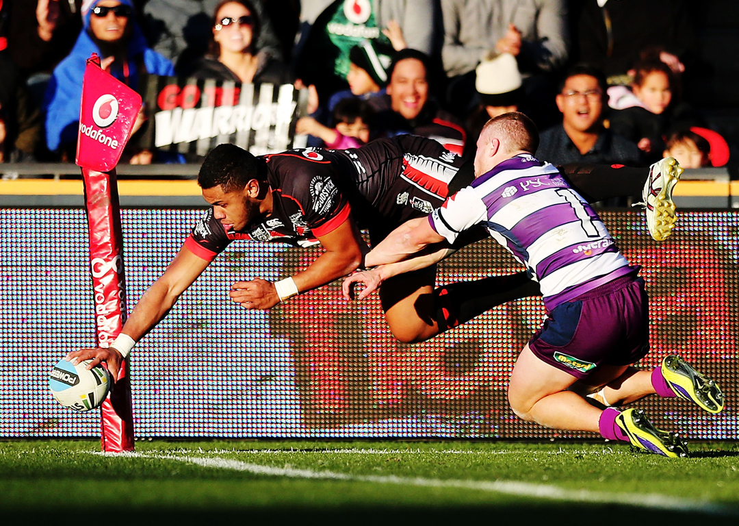  David Fusitu'a of the Warriors scores a try in the corner. Photo / Getty
